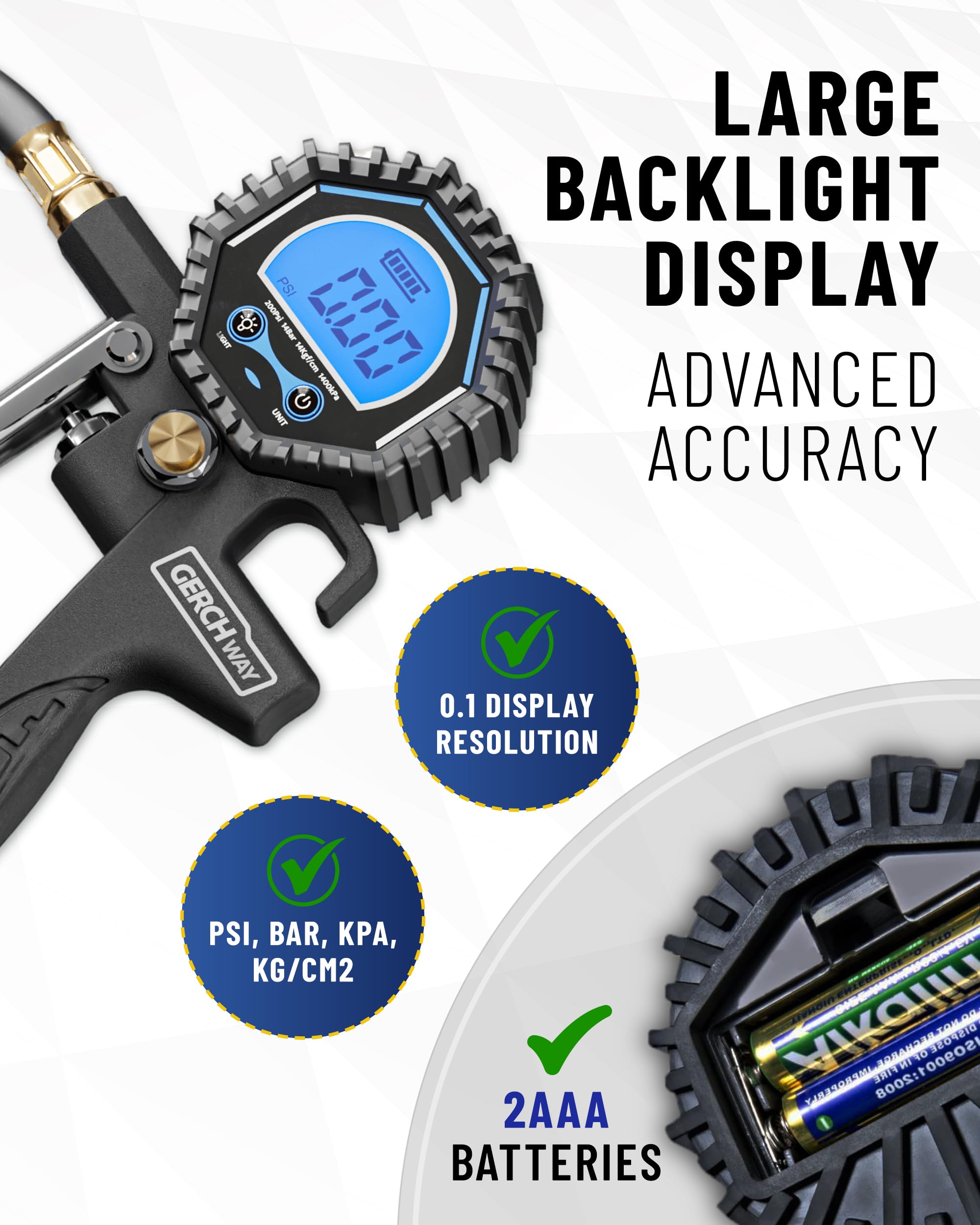 GERCHWAY 3-in-1 tool for inflate, deflate, and check with quick-connect.