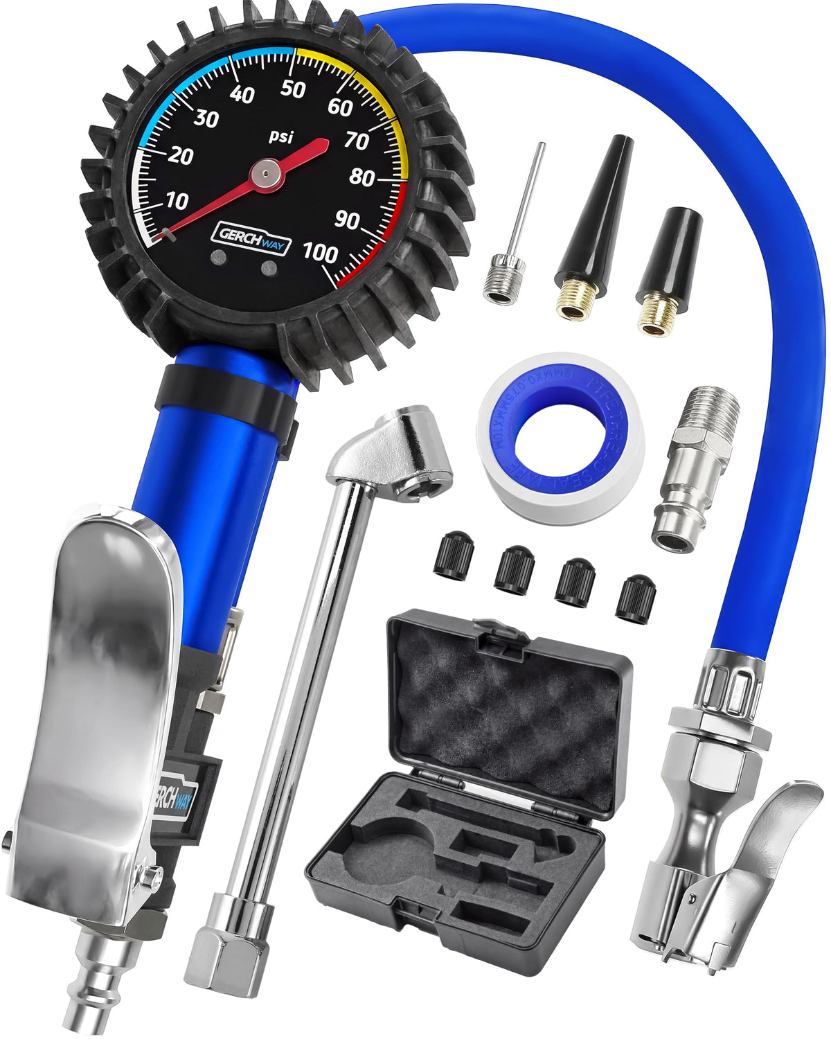 GERCHWAY tire inflator gauge with protective rubber cover shielding the gauge during use.
