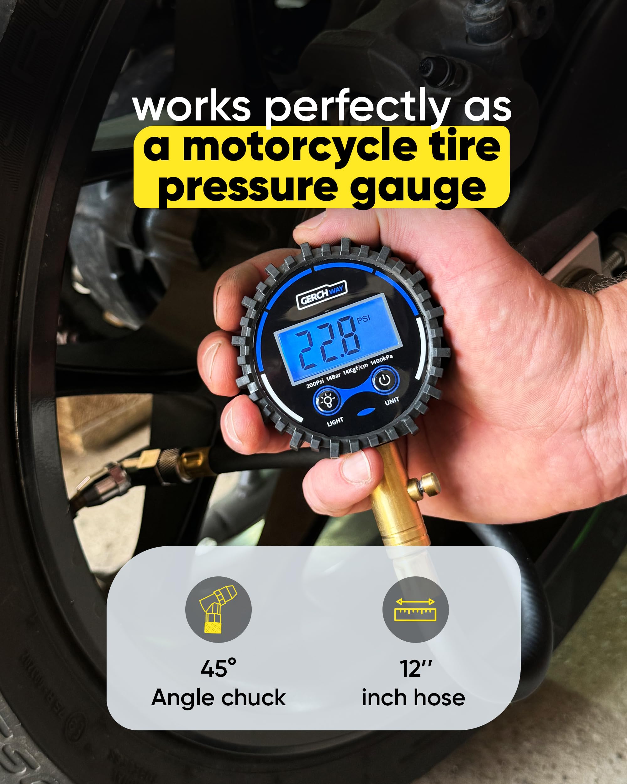 GERCHWAY motorcycle-compatible tire gauge for versatile maintenance.
