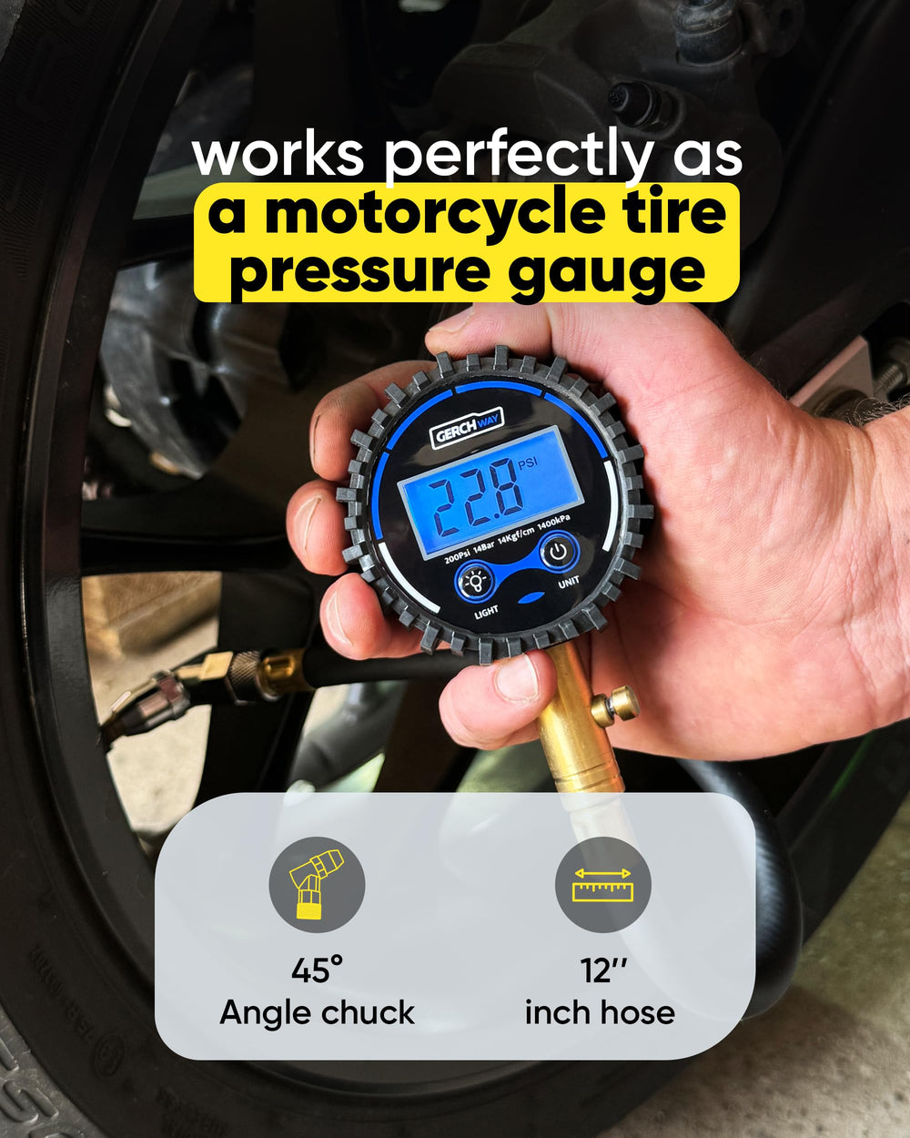 GERCHWAY motorcycle-compatible tire gauge for versatile maintenance.