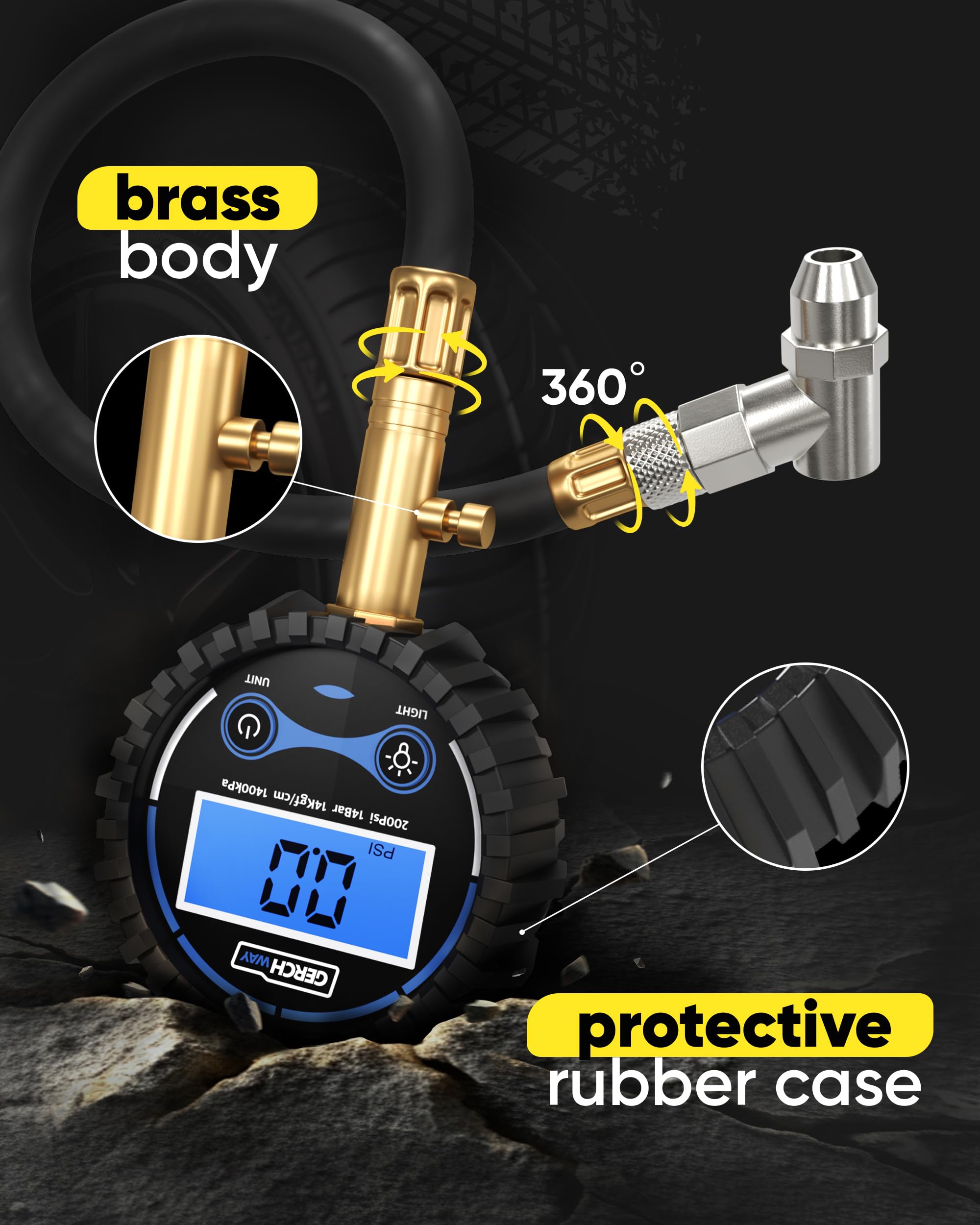 GERCHWAY universal tire pressure gauge for cars, trucks, motorcycles.