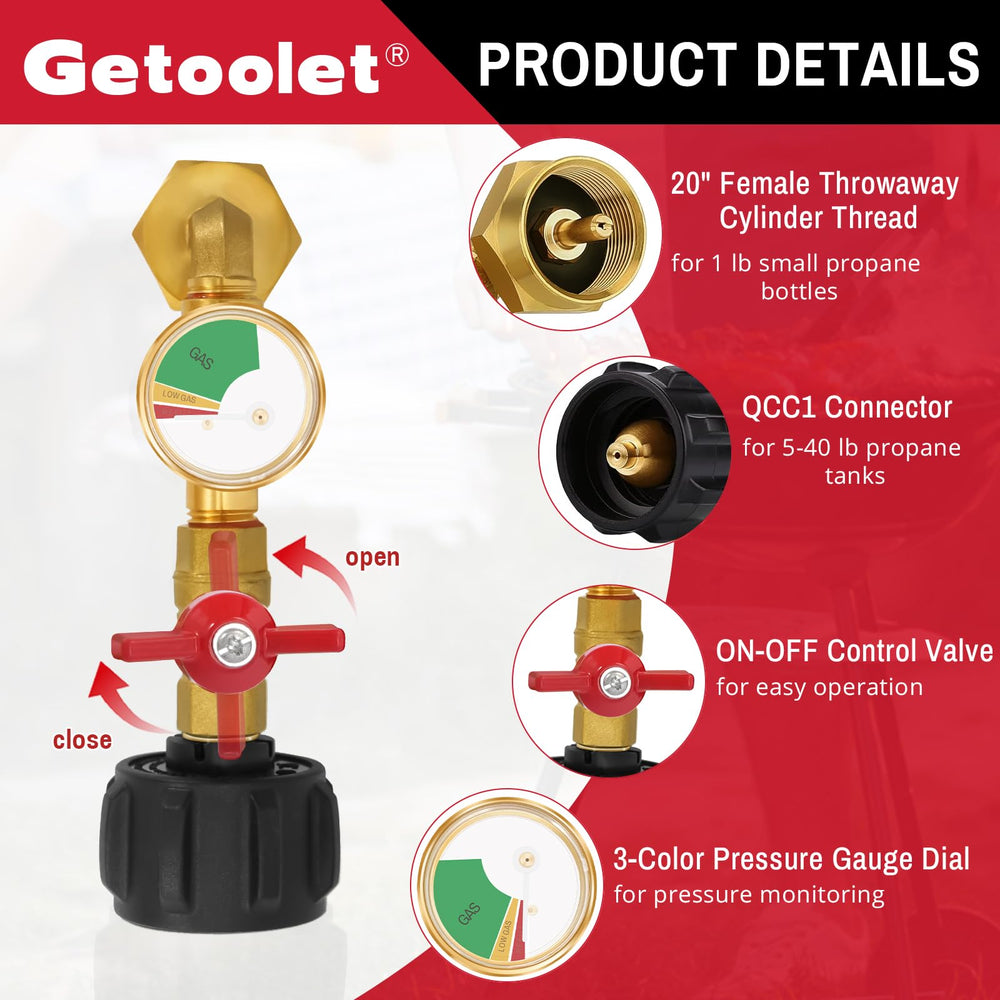 Getoolet brass propane adapter 20lb to 1lb converter offers durable, leak-free connections.