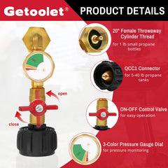 Getoolet brass propane adapter 20lb to 1lb converter offers durable, leak-free connections.