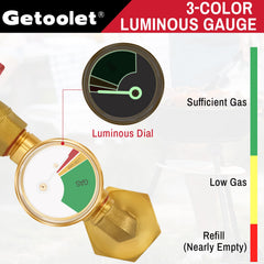 Getoolet propane-adapter-with-gauge provides easy monitoring during refills.
