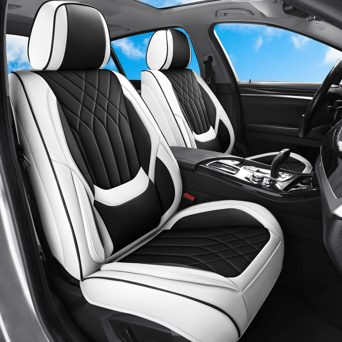GEZHOUBA front seat covers in black and white, elevating interior style and protection.