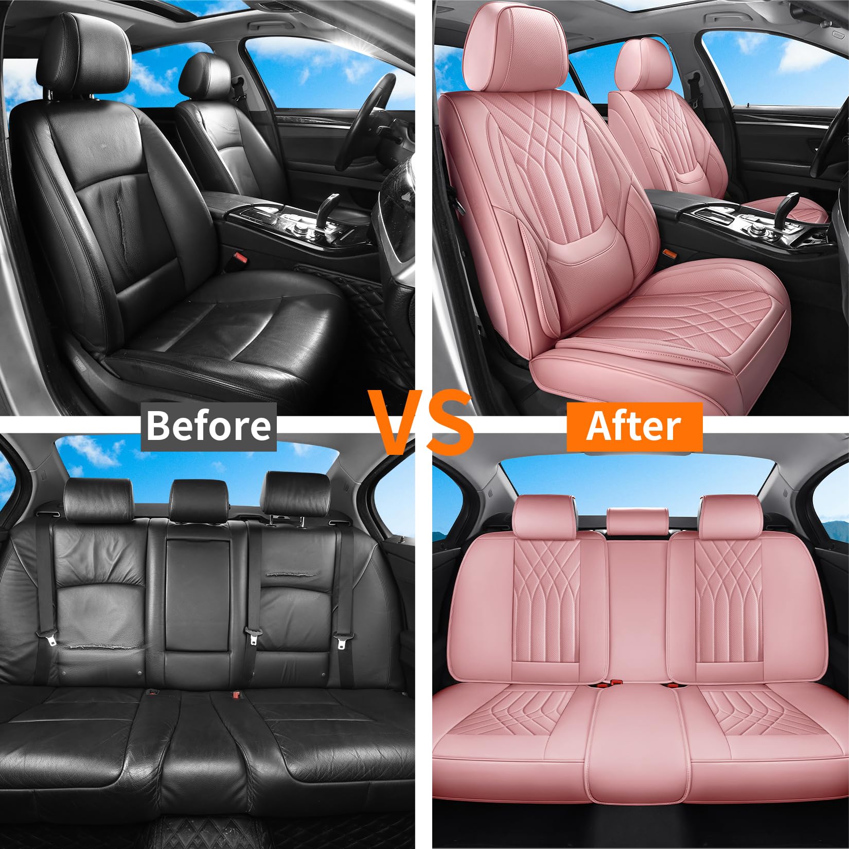 GEZHOUBA pink seat covers packaging shows a full five-piece set.