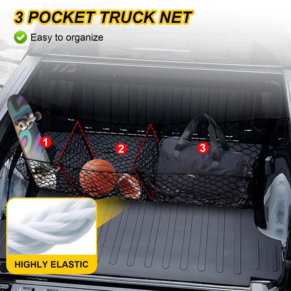 Gfstec cargo net pockets organize groceries and gear for a tidy truck bed.