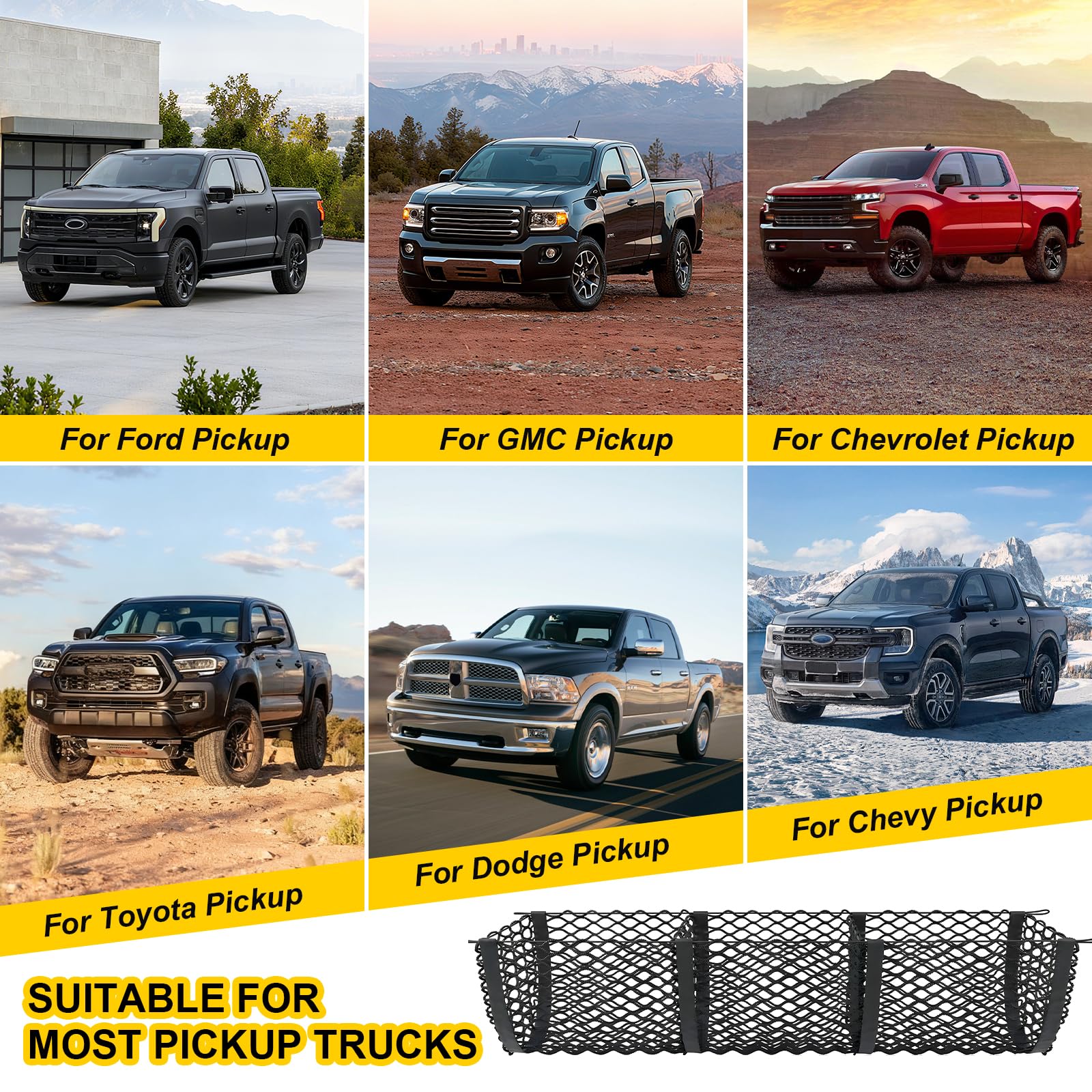 Gfstec truck bed cargo net with four ball bungees delivers secure hold on rough roads.