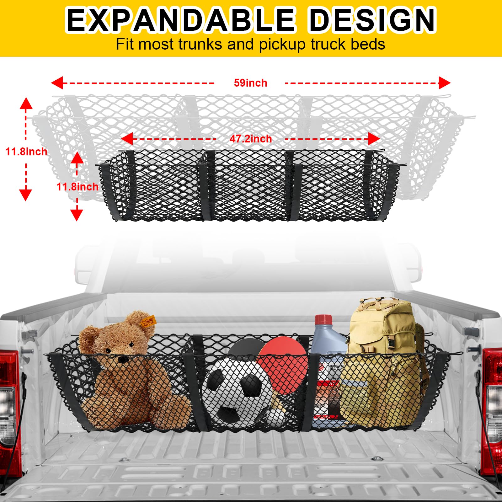 Gfstec truck bed cargo net stretched to 59 inches demonstrates flexible width for large loads.