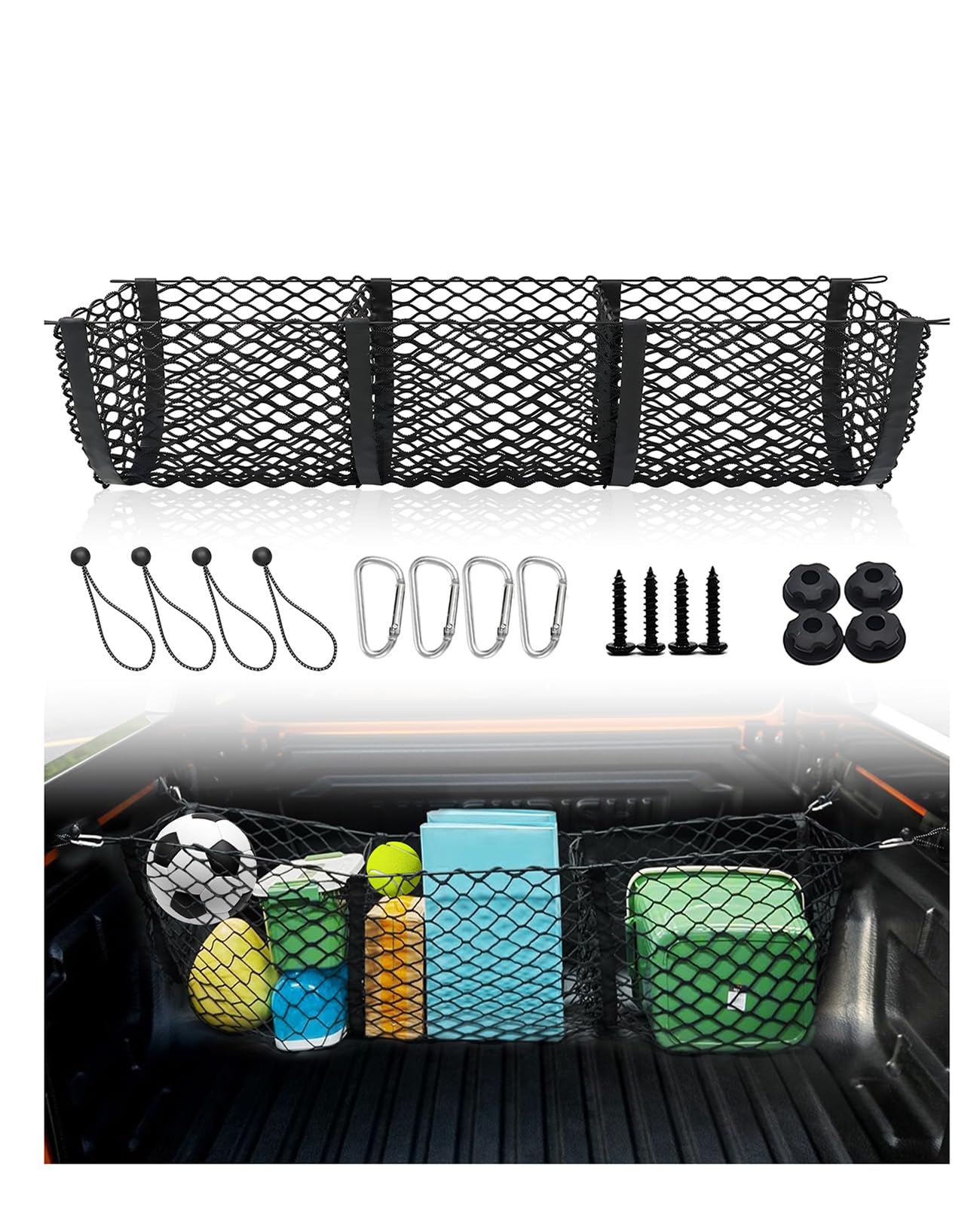 Gfstec upgraded 3-pocket truck bed cargo net, main view, keeps items neatly organized.