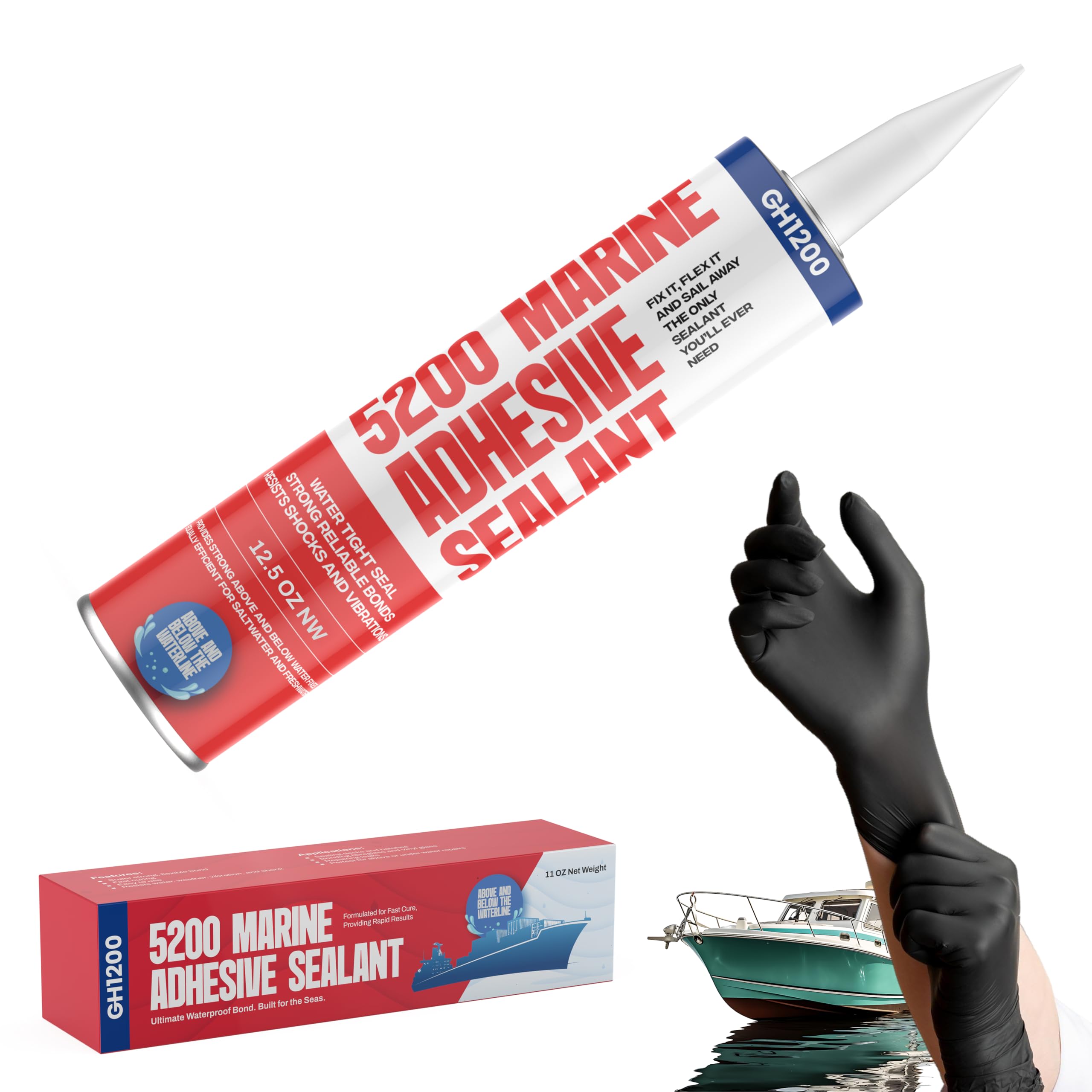 GH1200 5200 Marine Sealant white bottle on deck for quick repairs