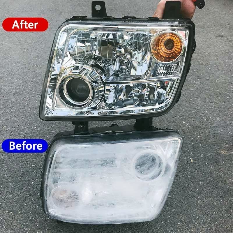 Ghguole finished headlight lens shows clearer surface after treatment.