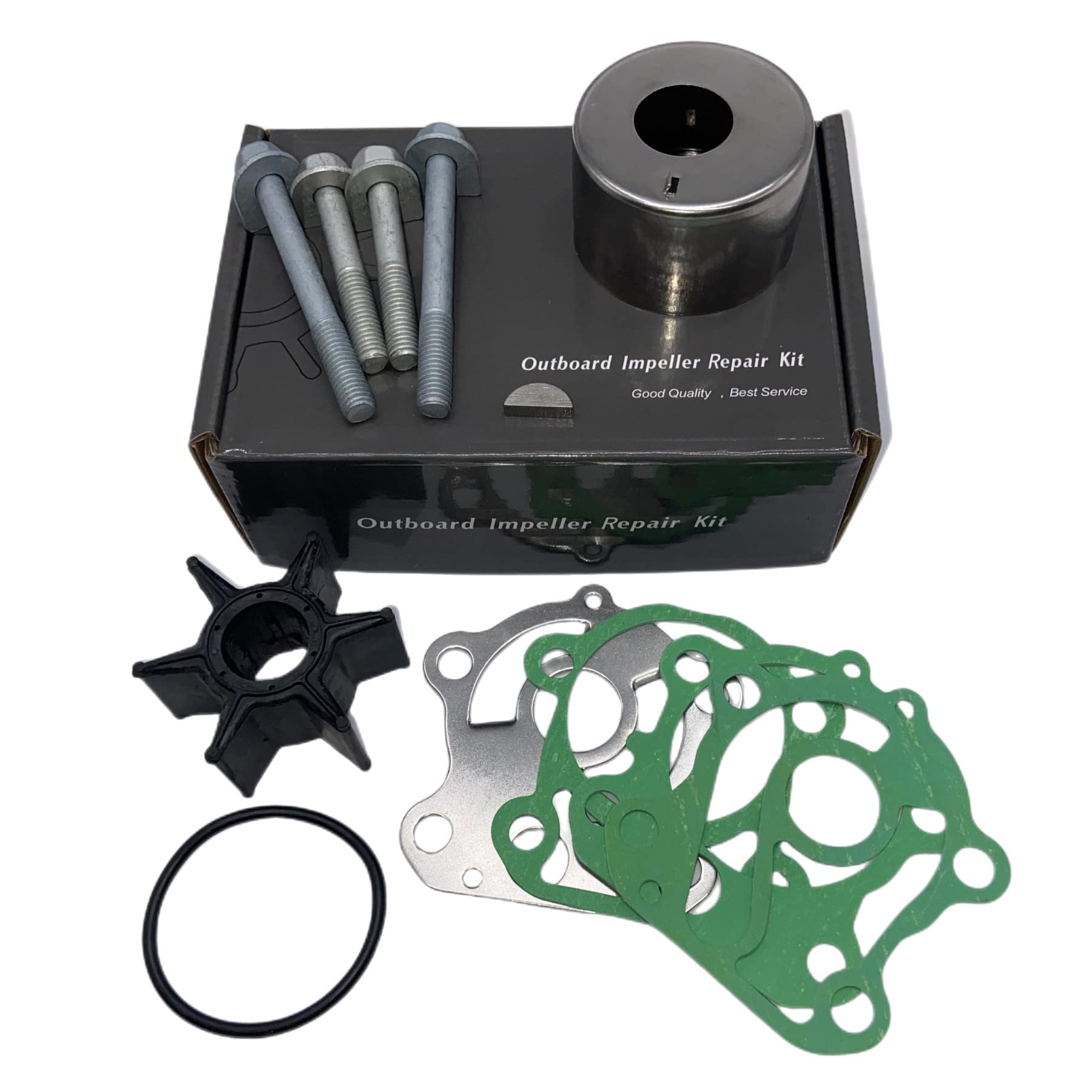 Kit contents: impeller, cup, wear plate, and seals for a complete service.