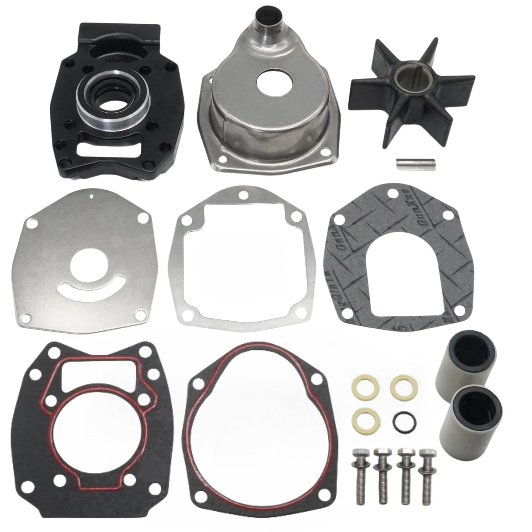 GHmarine water pump impeller kit contents laid out for Mercury Marine engines