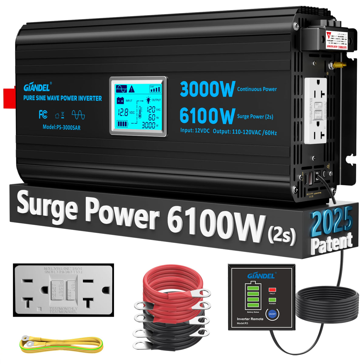 GIANDEL 3000W pure sine inverter front view for RVs and off-grid setups.