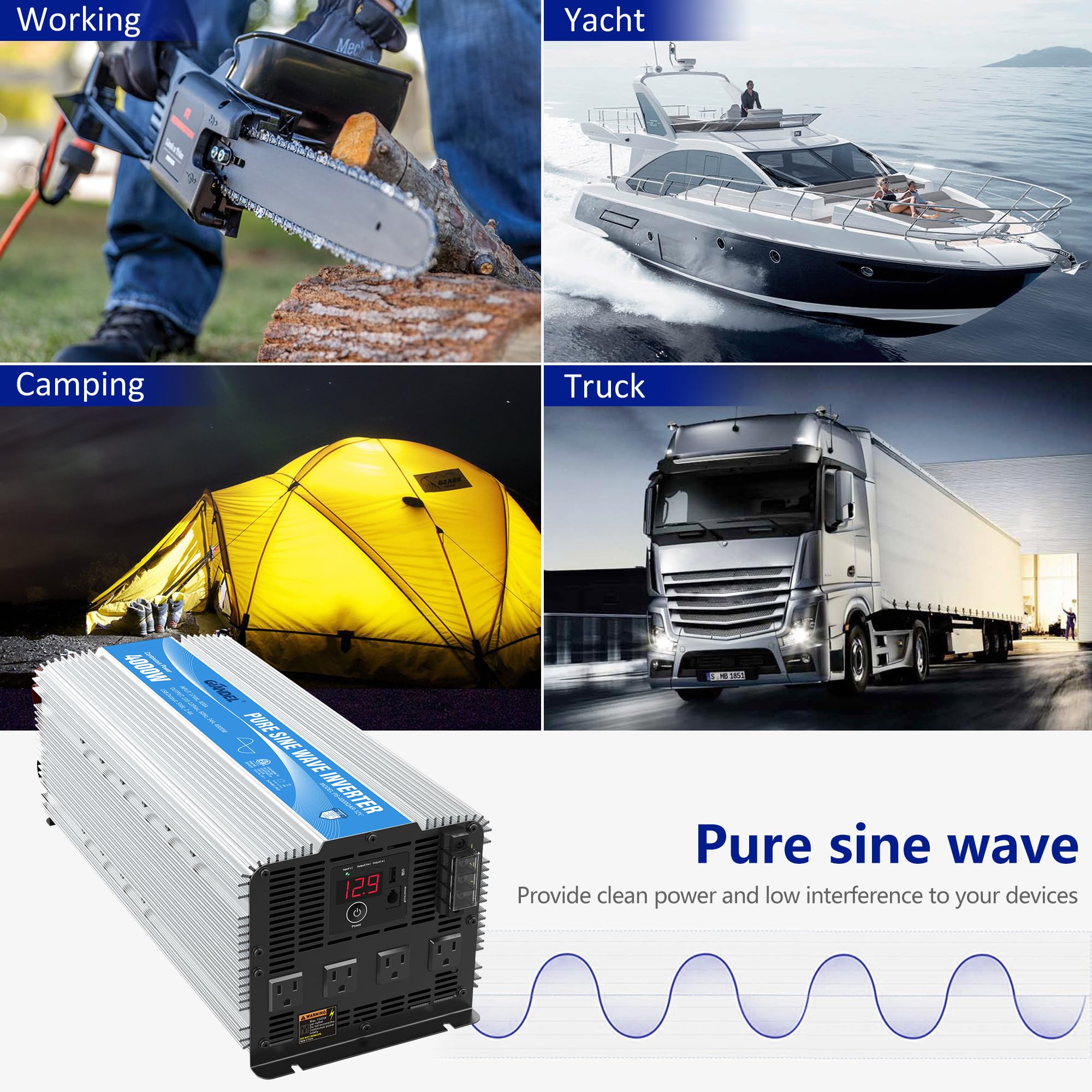 Giandel 4000W four AC outlets support multiple devices simultaneously.