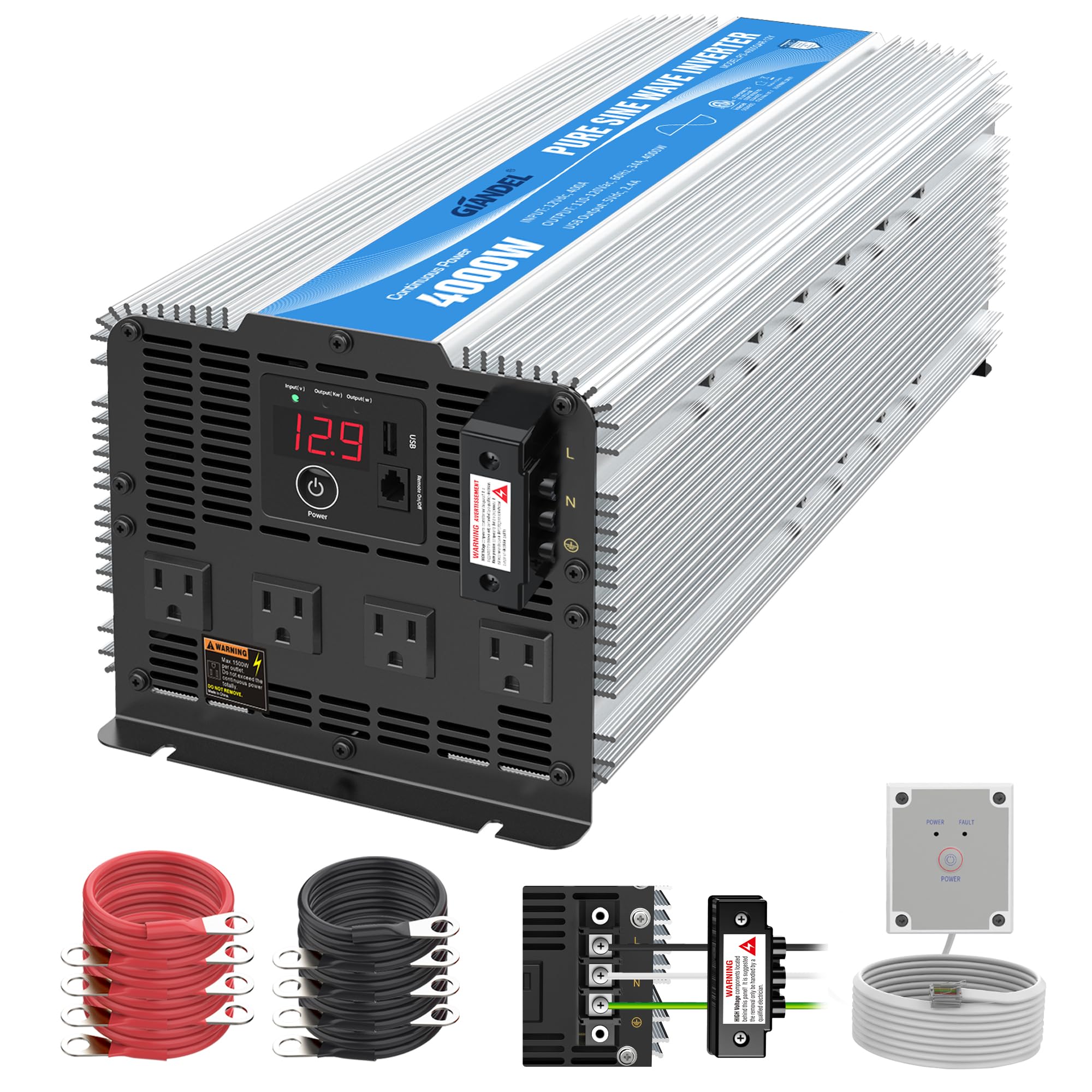 Giandel 4000W inverter front view powering outdoor appliances with true sine wave.