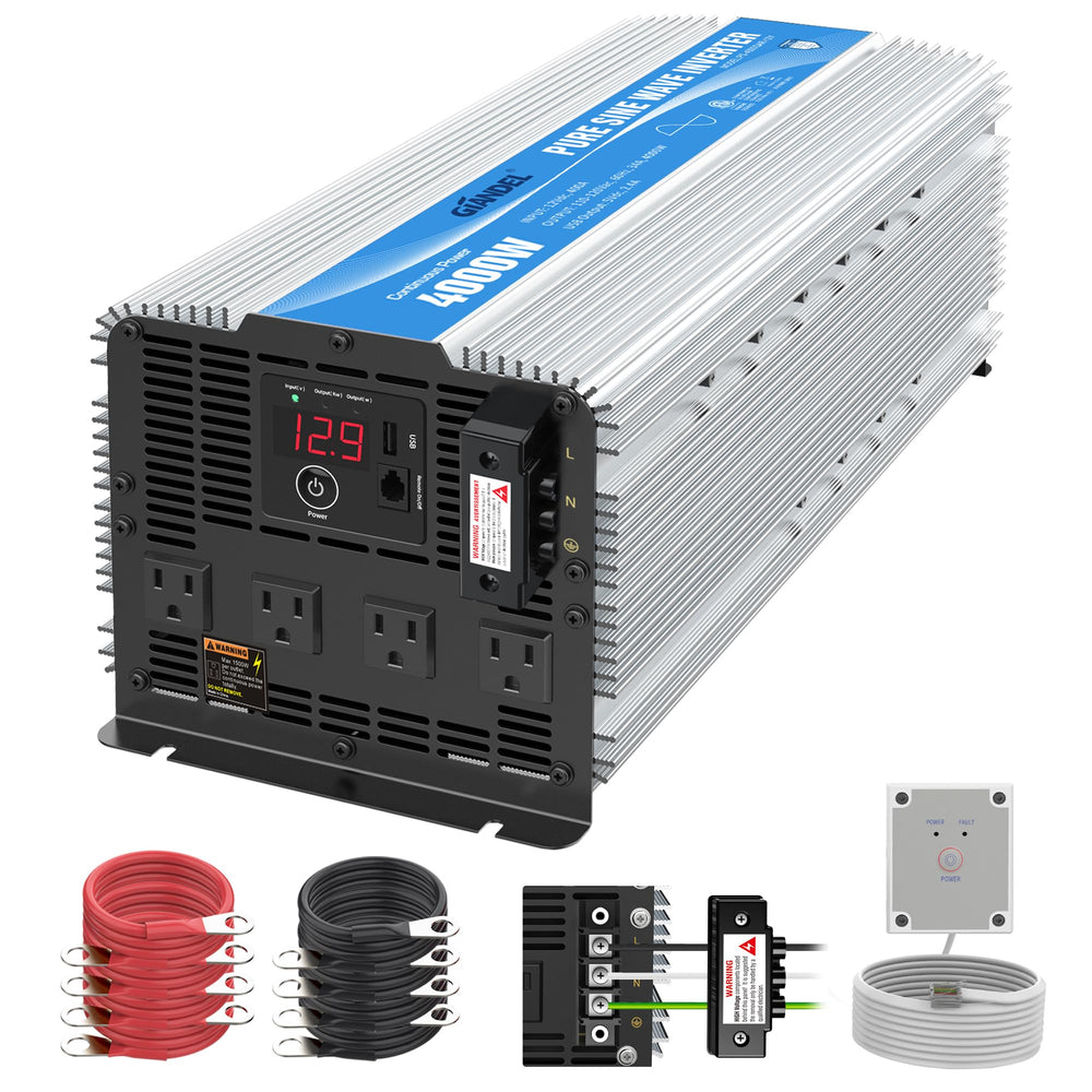 Giandel 4000W inverter front view powering outdoor appliances with true sine wave.