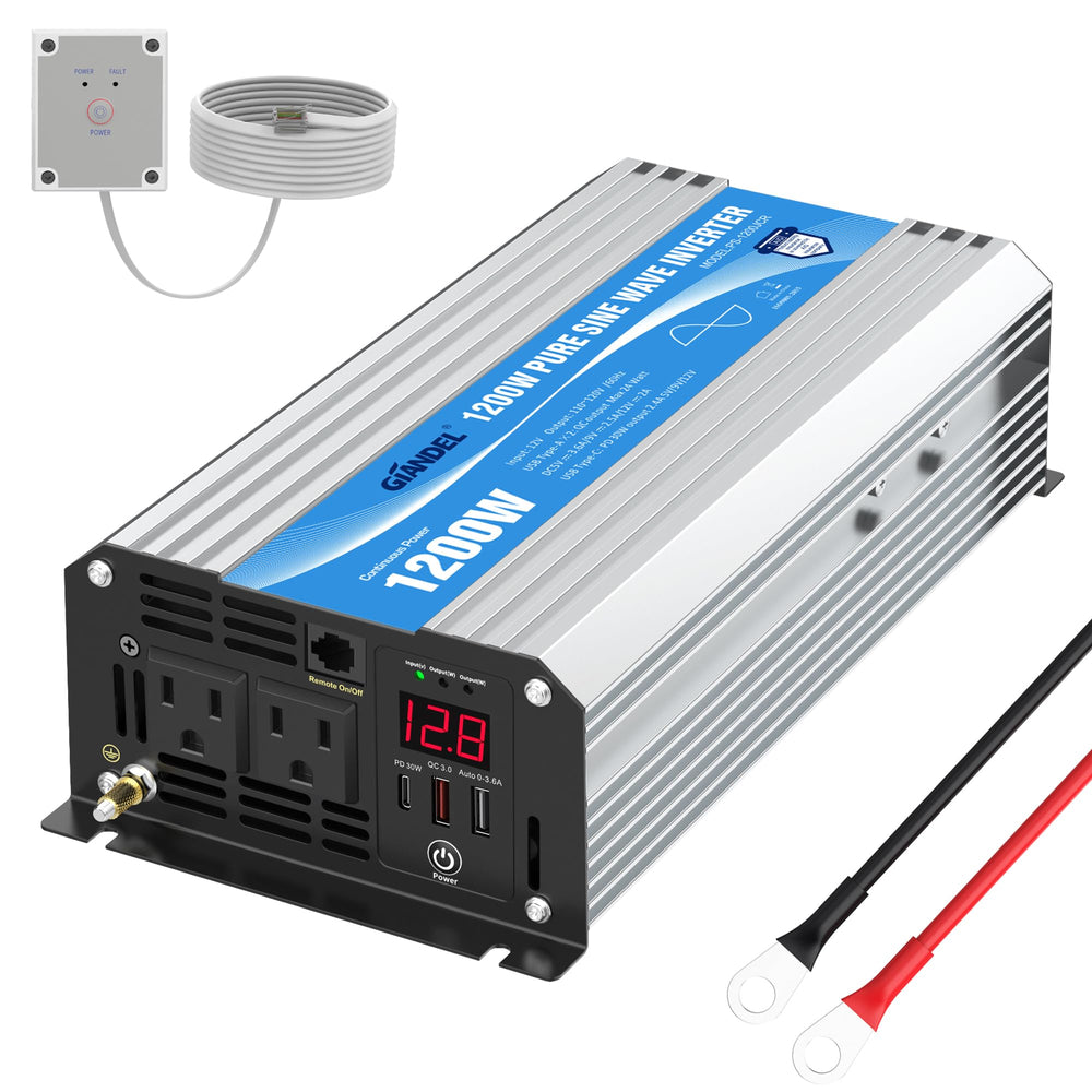 Giandel 1200W pure sine inverter front view powering essential devices safely