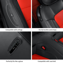 GIANT PANDA black and red stitching highlights the interior aesthetic of Mustang seat covers.