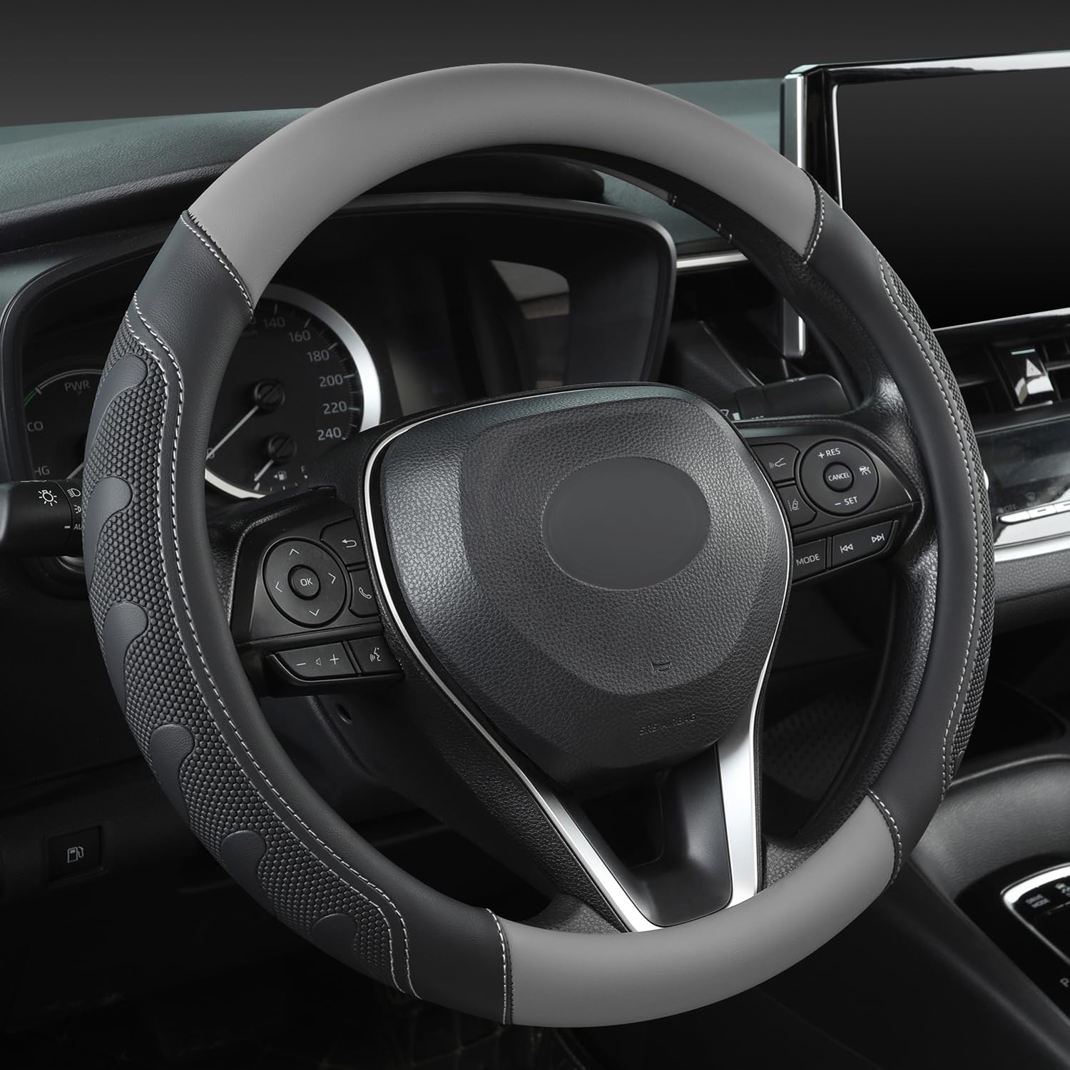 Giant Panda steering wheel cover closeup shows premium leather texture for better grip.