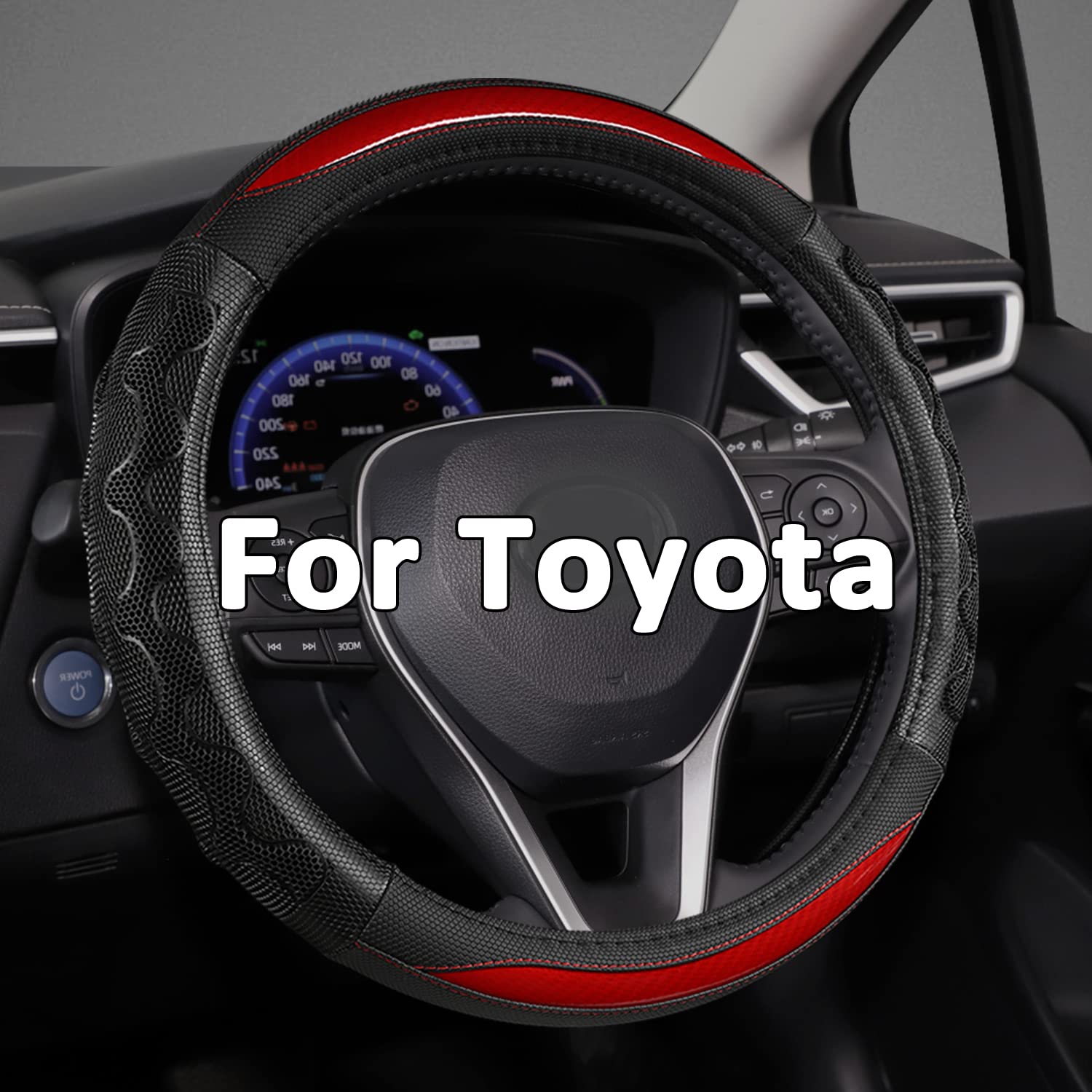 GIANT PANDA steering wheel cover on Toyota Highlander front view shows snug fit and bold red color.