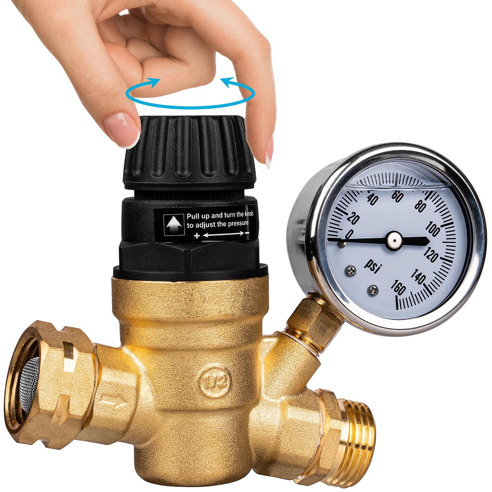Gickbusus RV regulator with gauge for adjustable campground water pressure