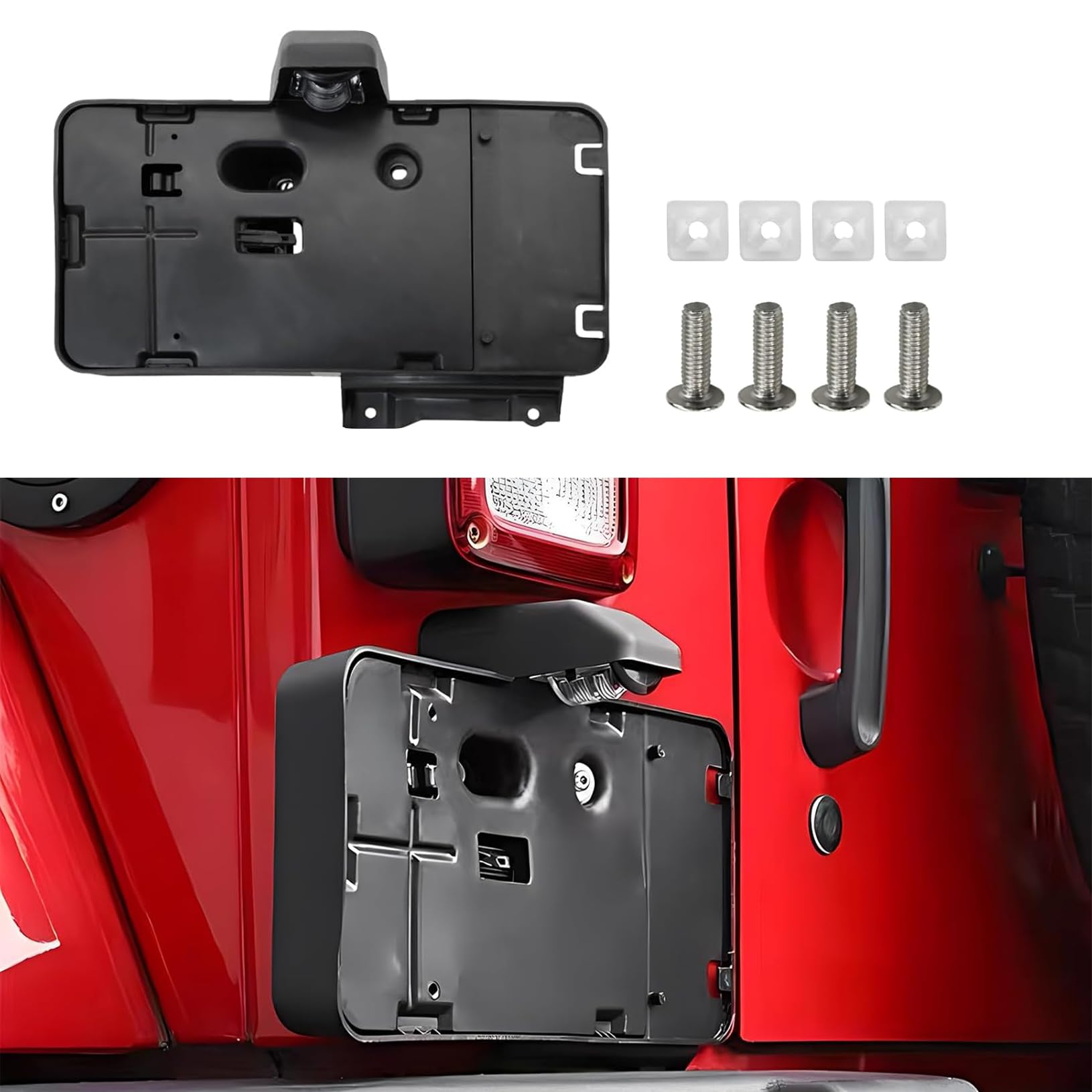 Gihdfer rear license plate frame on Jeep Wrangler JK; protects plate during off-road adventures.