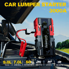 Gillaway 001B jump starter clamps show heavy-duty connectors and safety