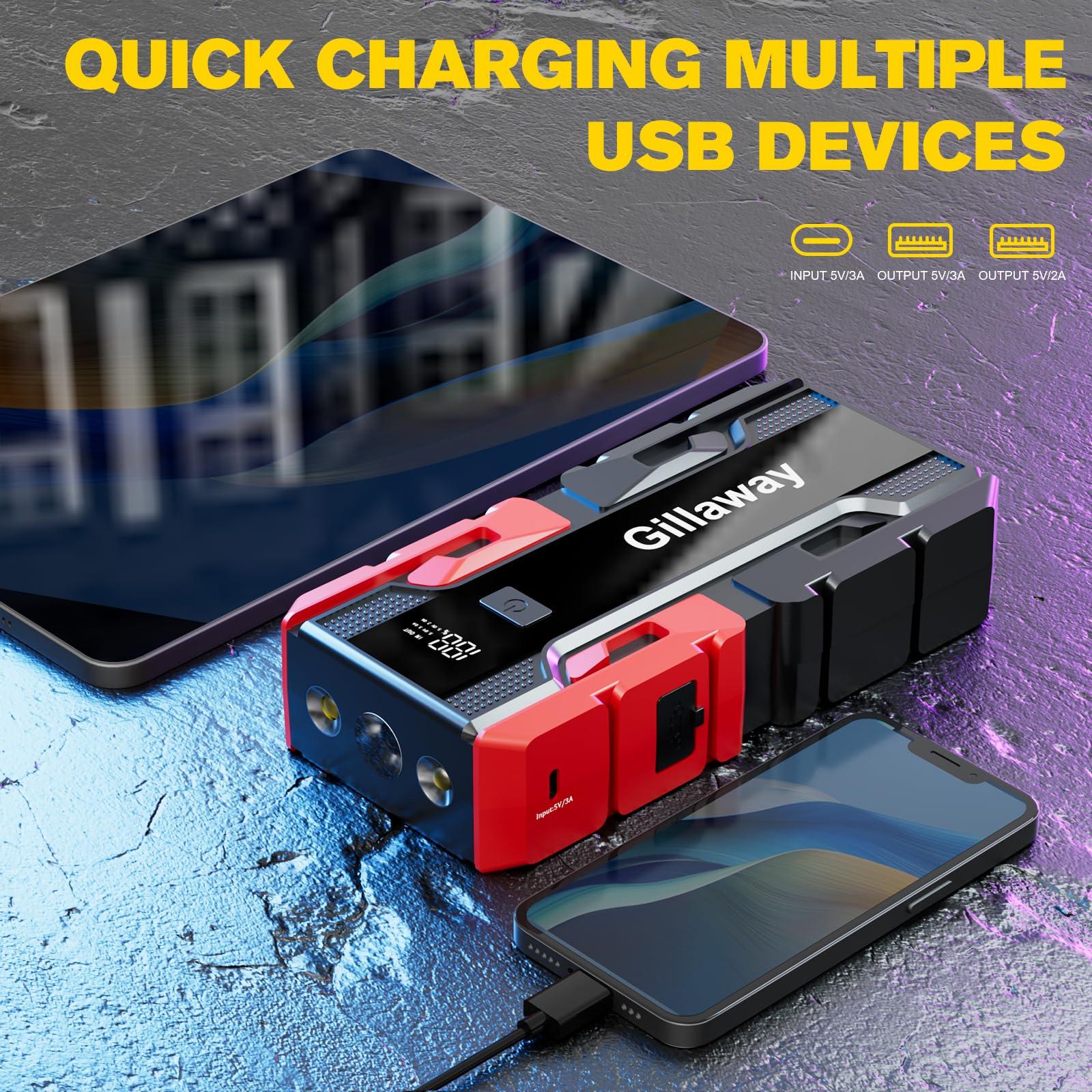 Gillaway 001B jump starter LED flashlight for outdoor use