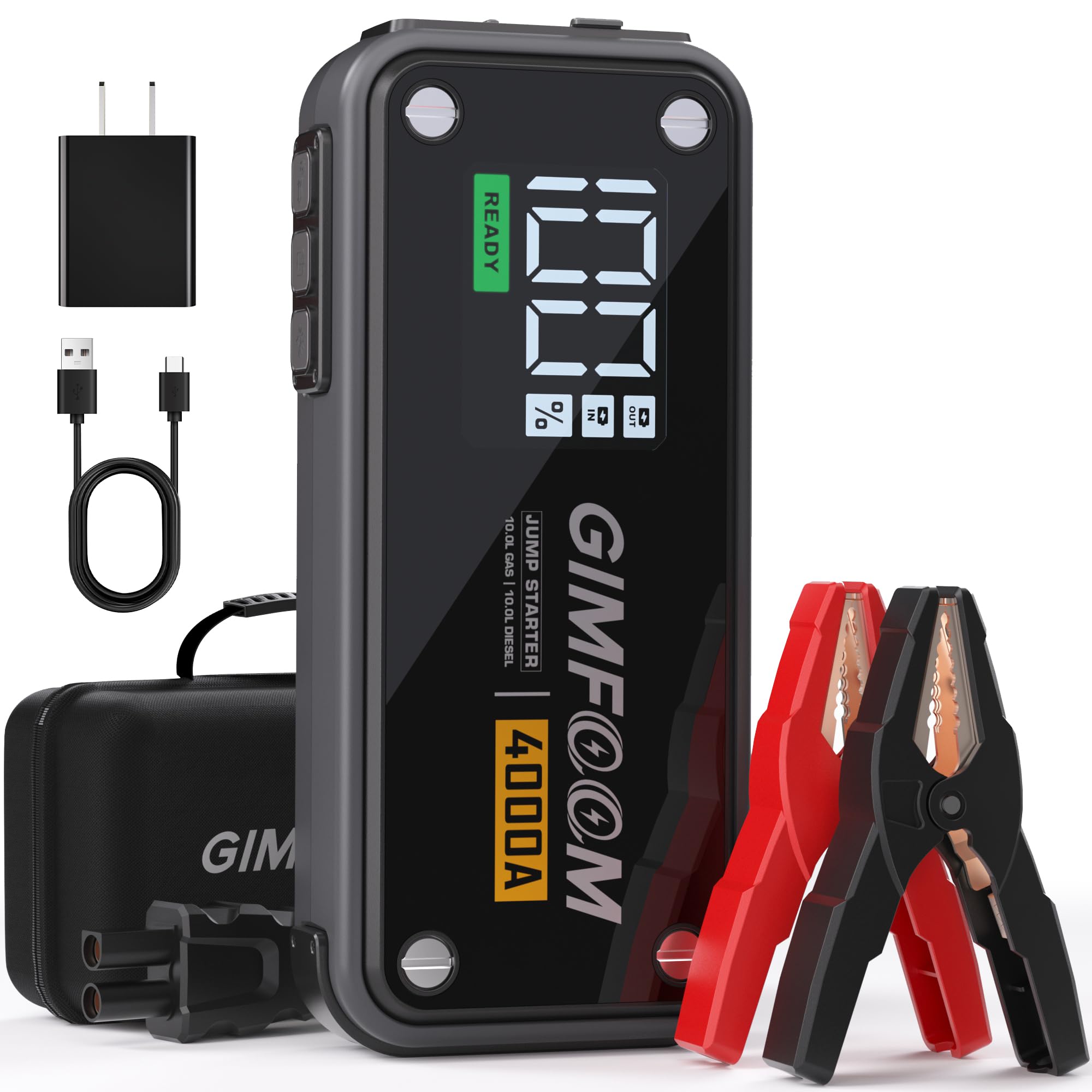 GIMFOOM S4000 jump starter front view, compact for roadside emergencies.