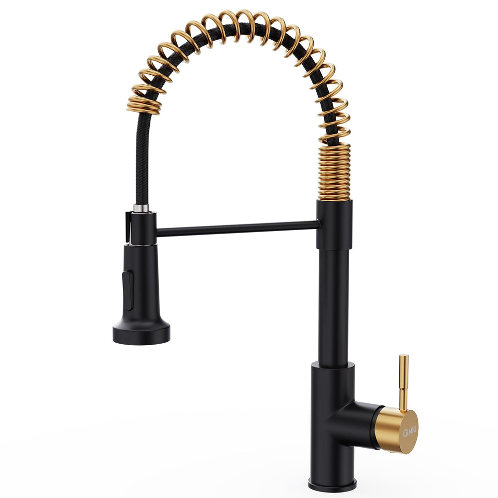 GIMILI black and gold pull-down kitchen faucet with versatile spray for efficient kitchen rinsing.