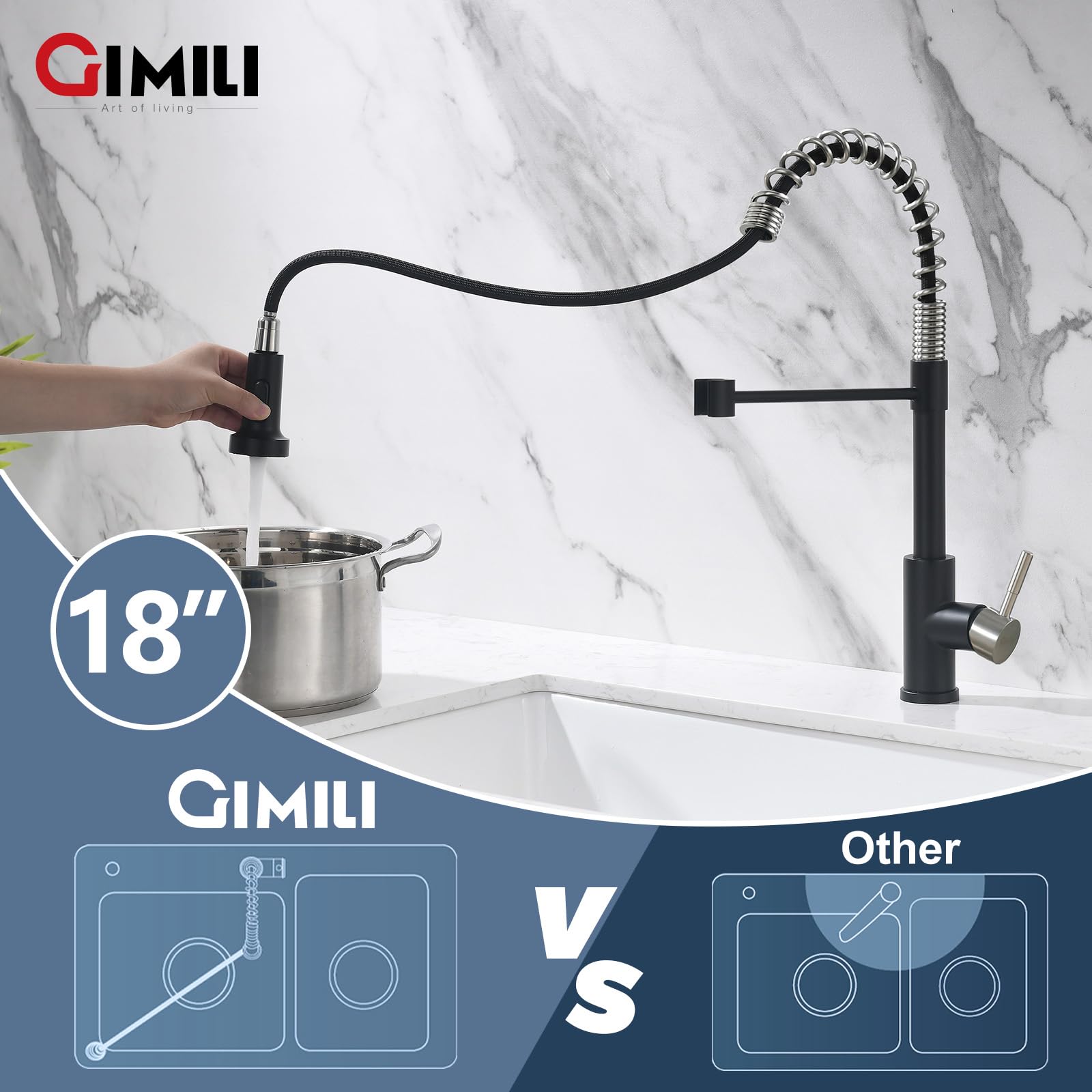 Retractable hose reaches entire sink for thorough cleaning with GIMILI.