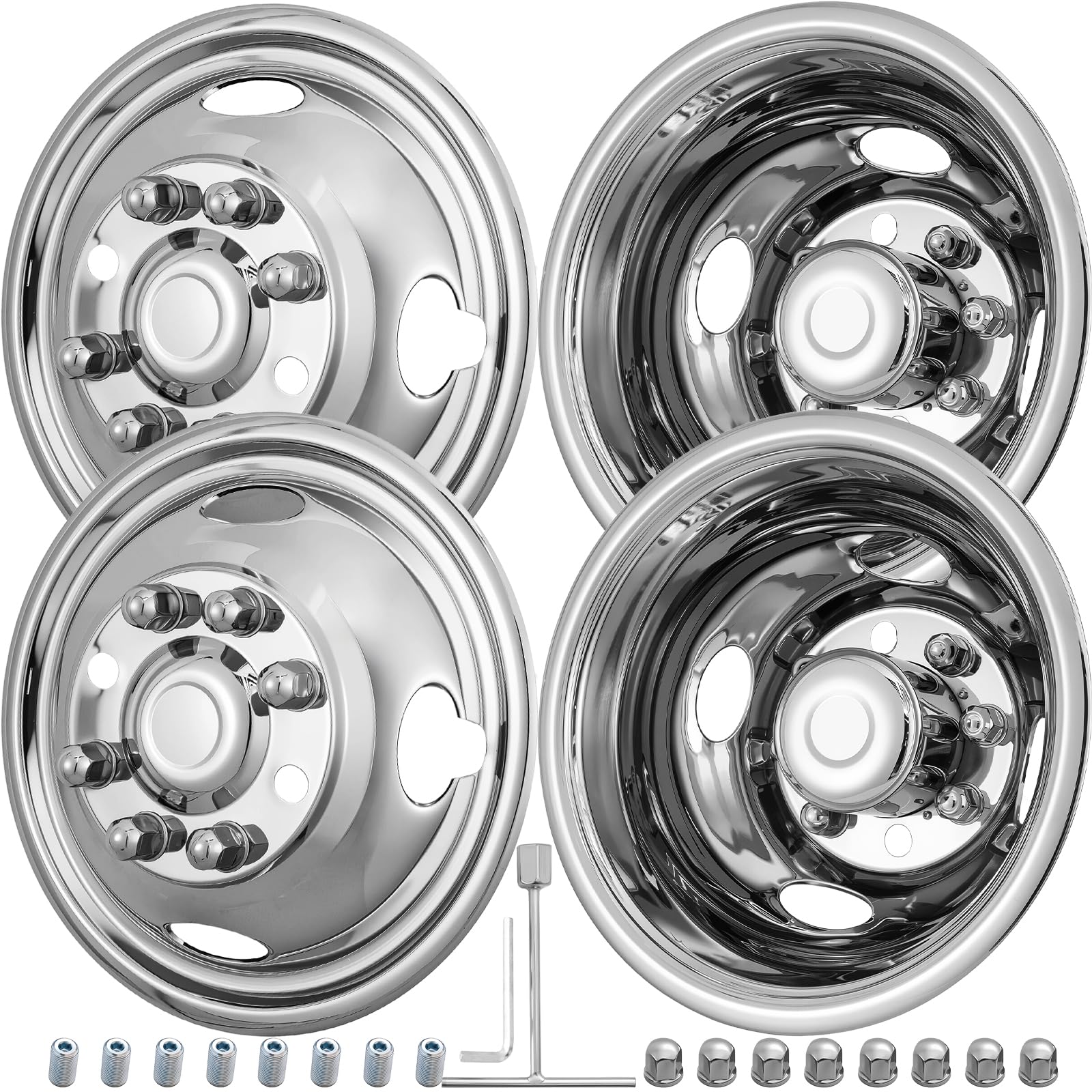 GINDAOLULU 16-inch wheel simulators front-left view showing polished stainless finish for Ford E350/E450