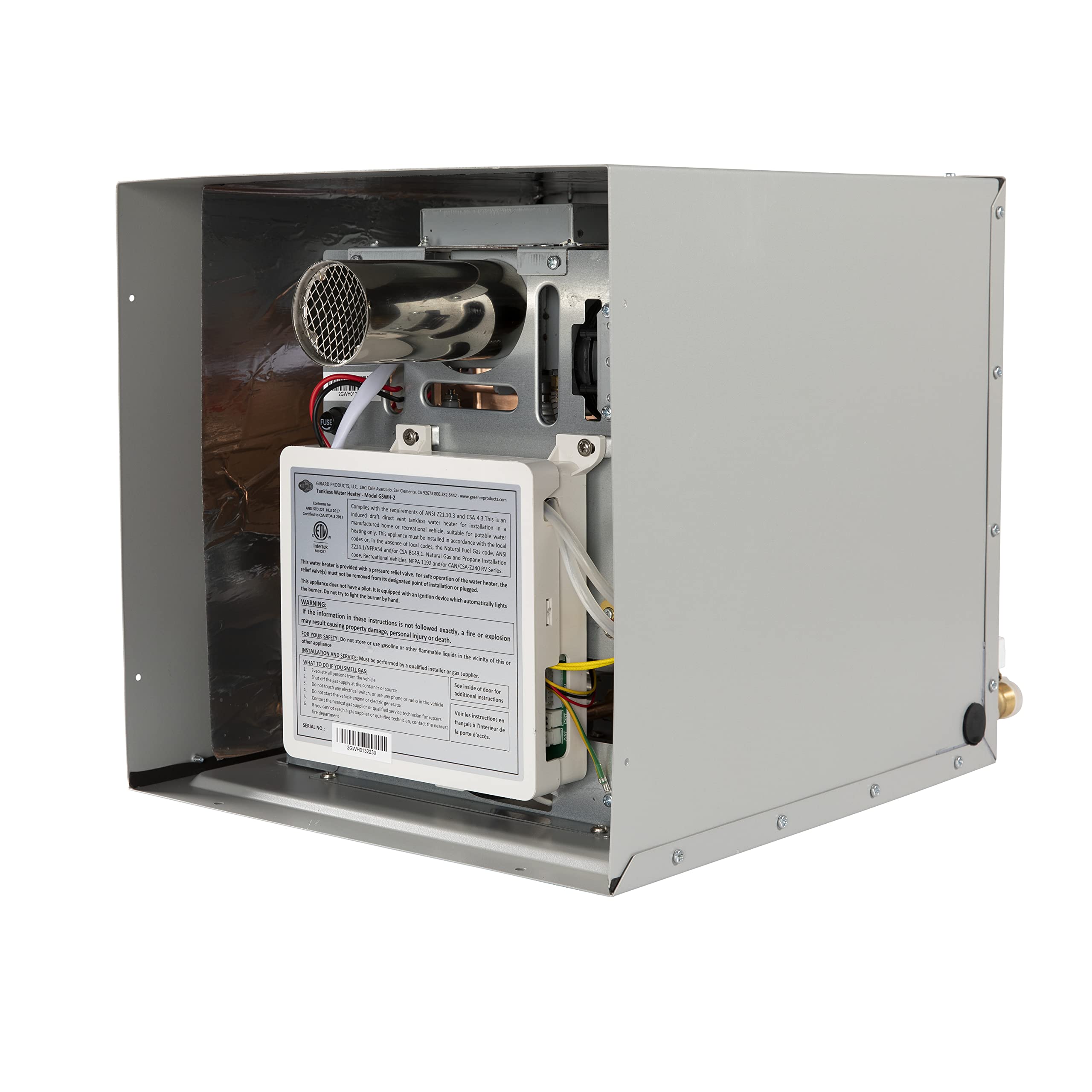 Girard tankless RV water heater front view shows compact installation and easy access.