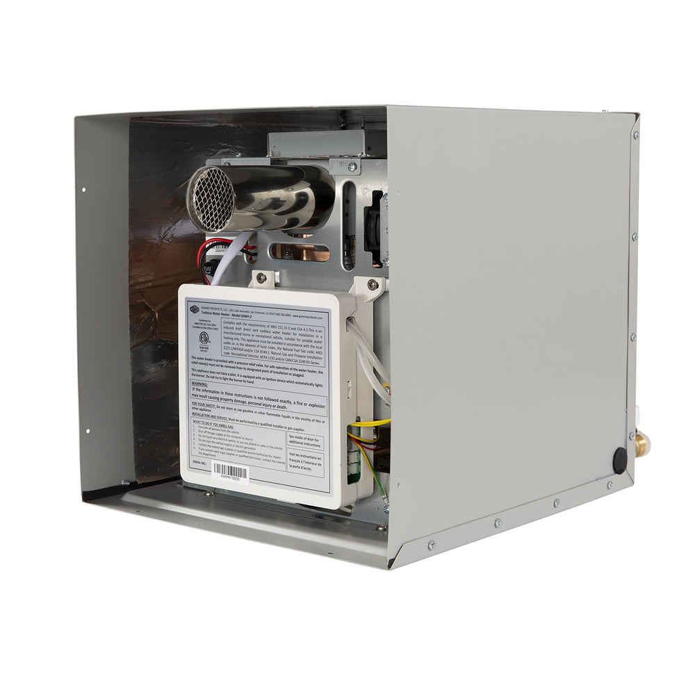 Girard tankless RV water heater front view shows compact installation and easy access.