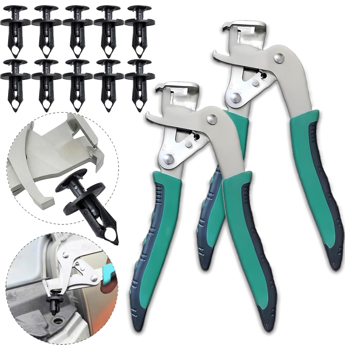 Gitende car clip pliers in action opening a panel for trim access.