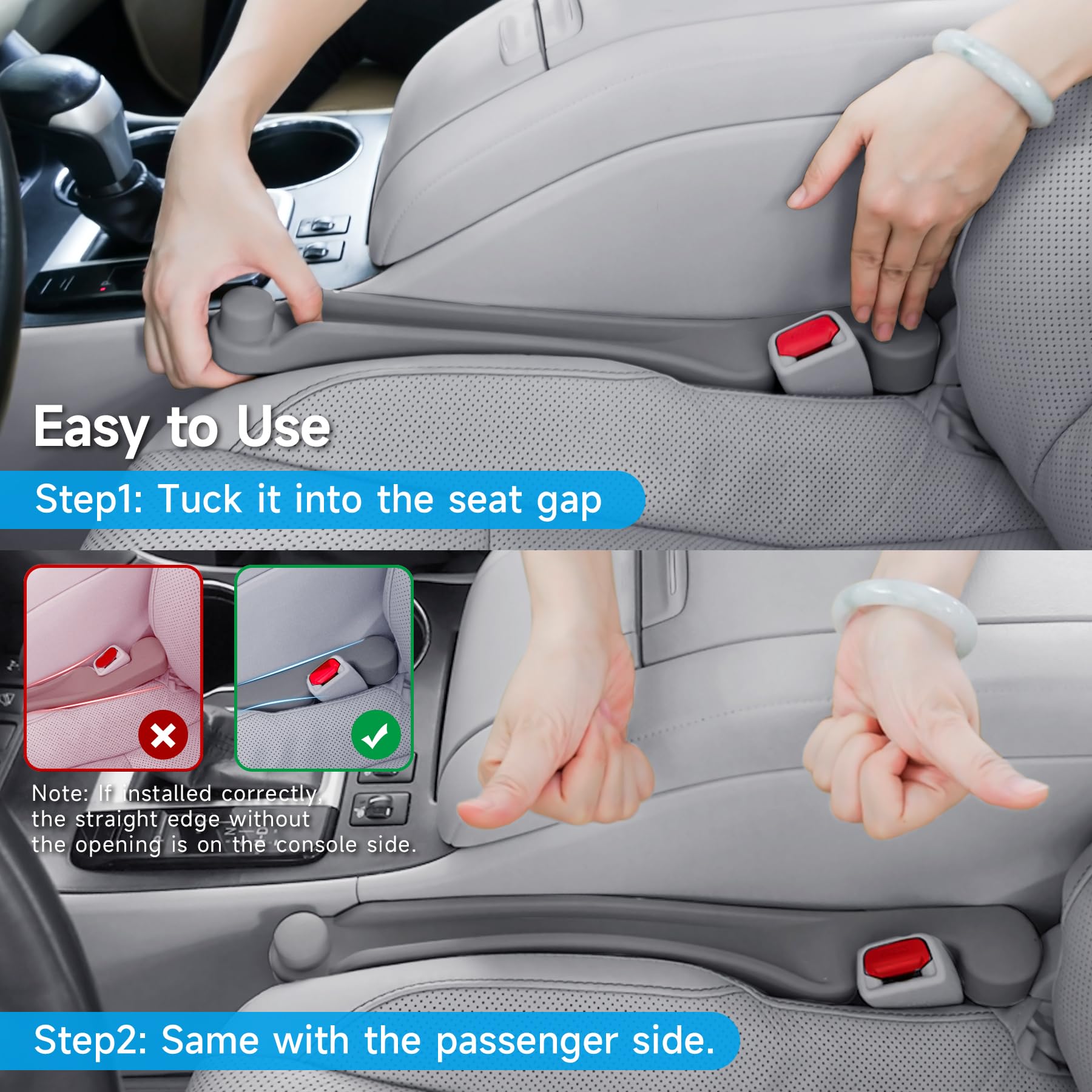 Givifive Gap Filler installation, attaches to seat belt catch for steady coverage.