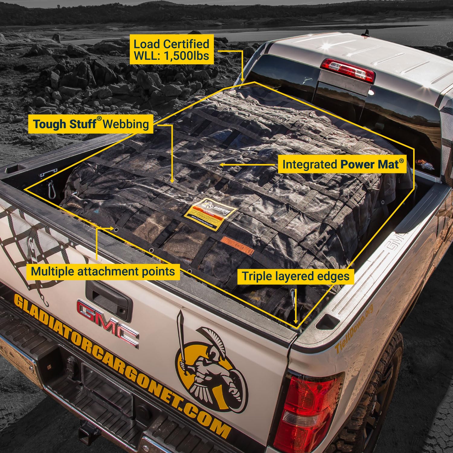 Gladiator Cargo Nets attached to a truck bed demonstrates tight anchoring for odd-sized loads.