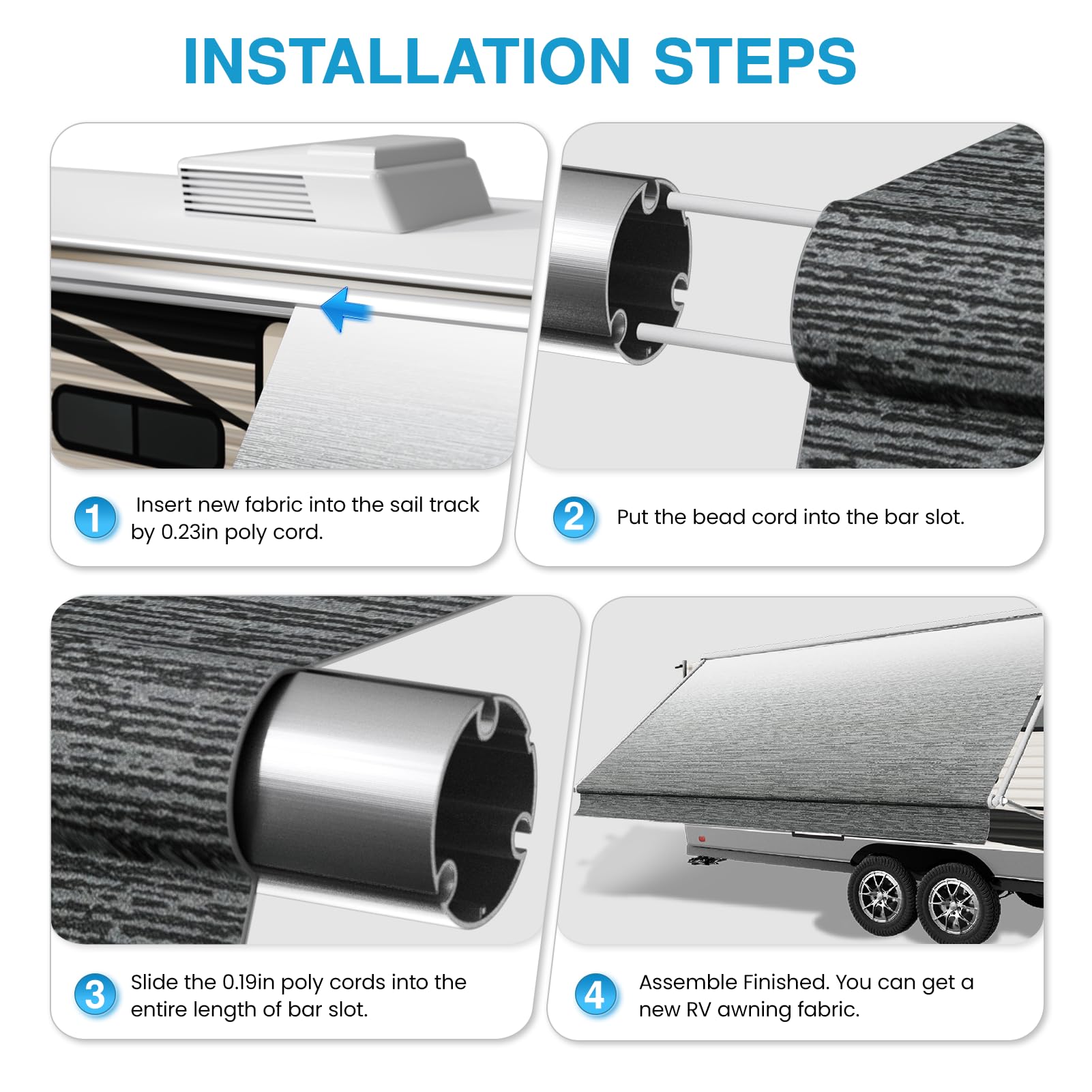 Glamful camper-ready awning fabric includes patch and strap for ongoing maintenance