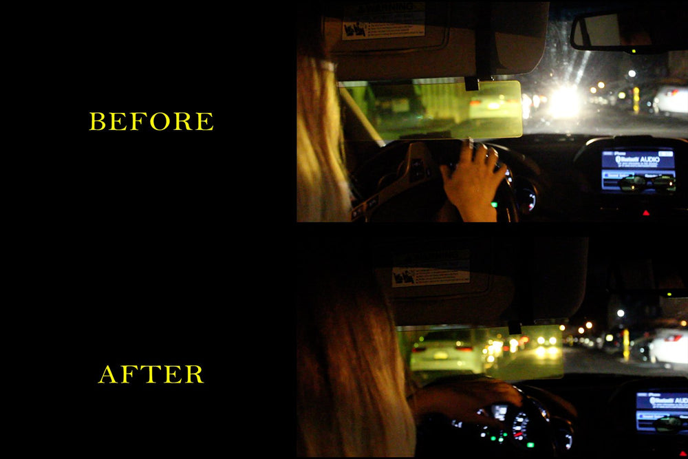 Glare Guard G yellow glare shield replaces bulky night driving sunglasses.