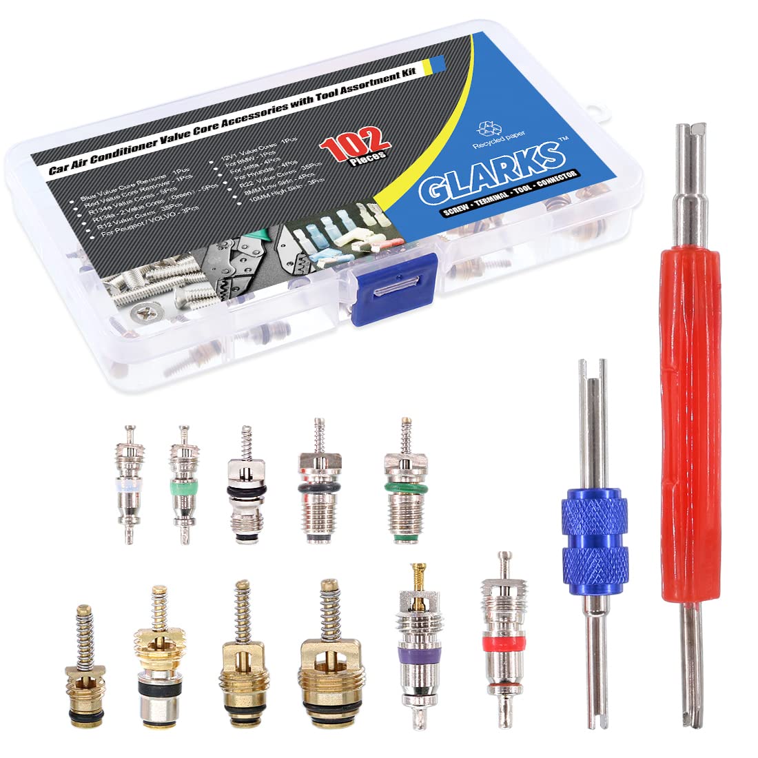 Glarks 102Pcs valve core kit box ready for quick car A/C maintenance