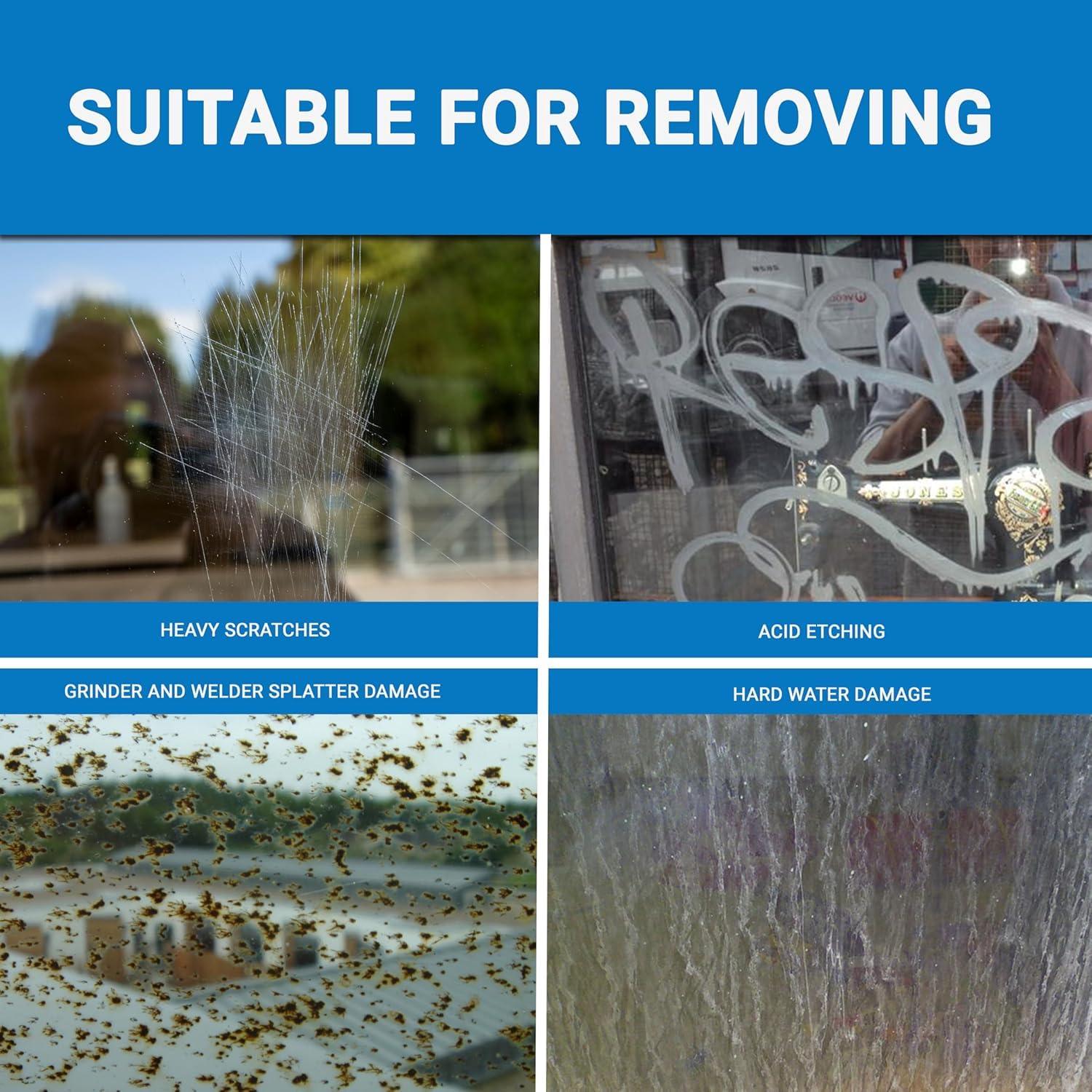 Glass Polish blue abrasives for removing light scratches and graffiti efficiently.