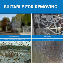Glass Polish blue abrasives for removing light scratches and graffiti efficiently.