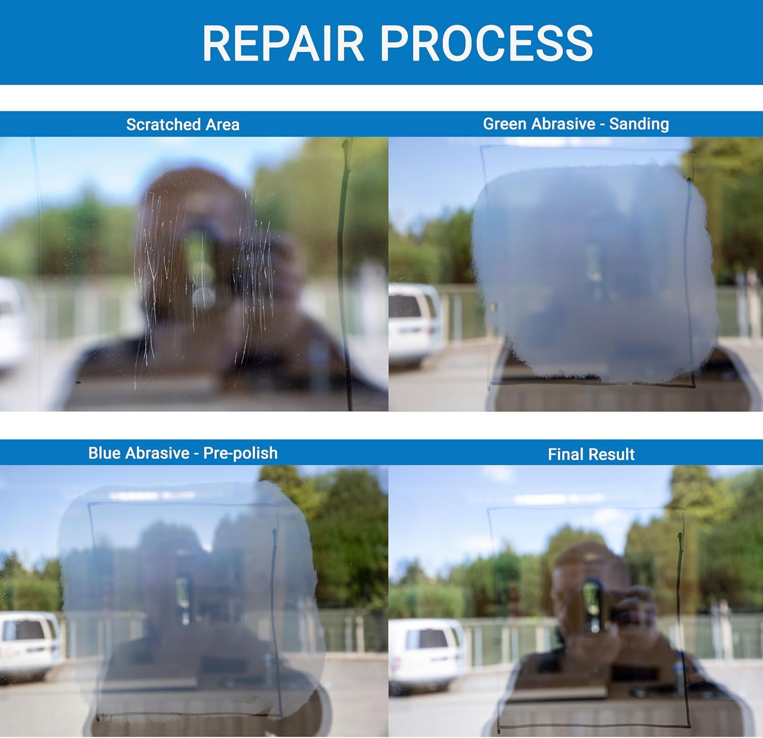 Glass Polish brown abrasives for final smoothing and mirror-like finish.