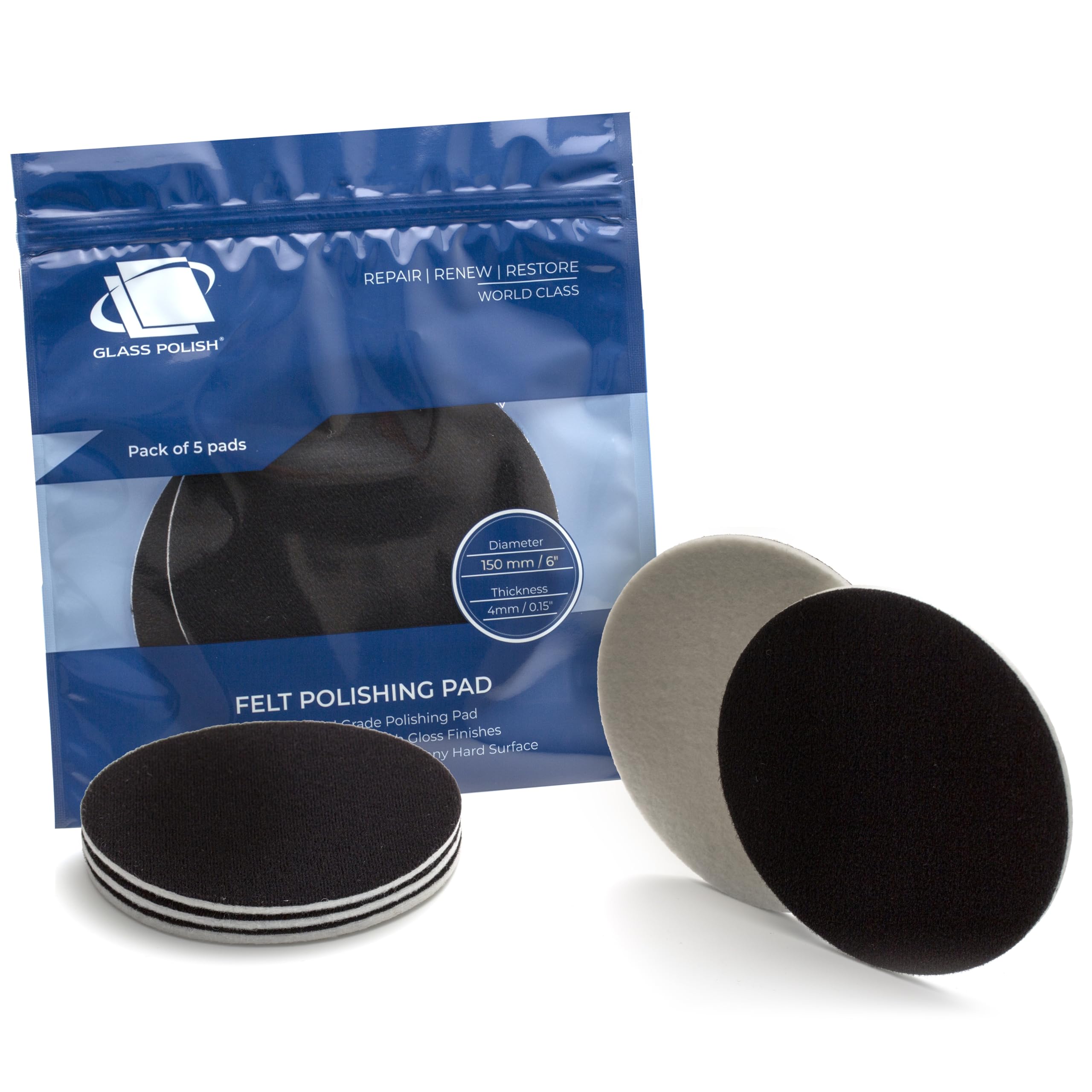 Glass Polish 6 inch pad pack five white and black for versatile surface polishing.