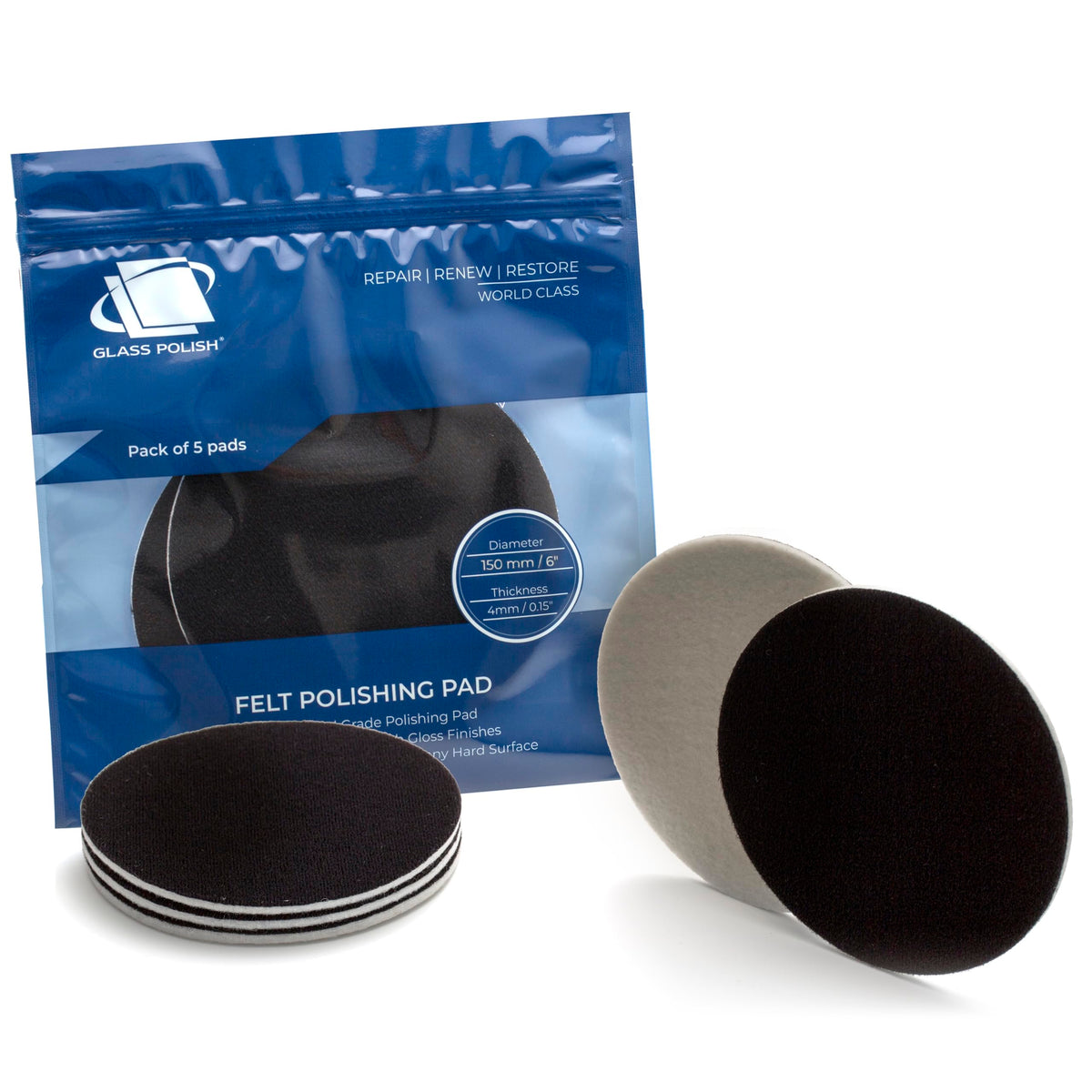Glass Polish 6 inch pad pack five white and black for versatile surface polishing.