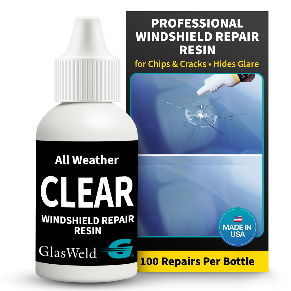 GlasWeld windshield resin bottle for chip repairs with clear tint