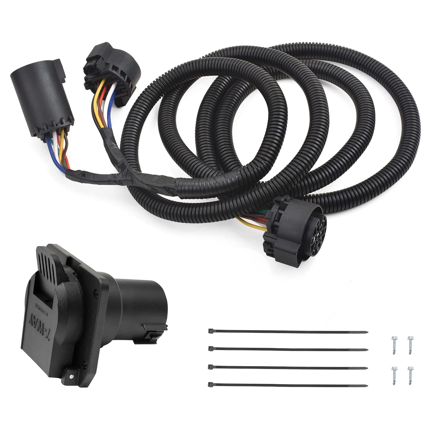 Gledewen 7-pin trailer harness extension showing a 7-foot setup for easy truck bed wiring