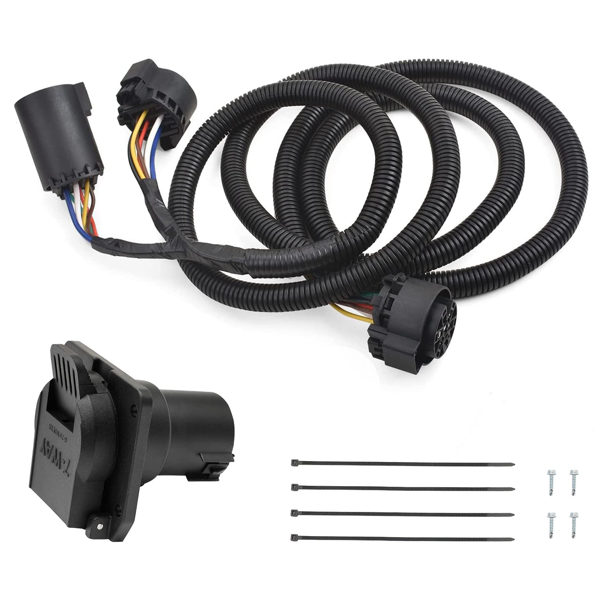 Gledewen 7-pin trailer harness extension showing a 7-foot setup for easy truck bed wiring